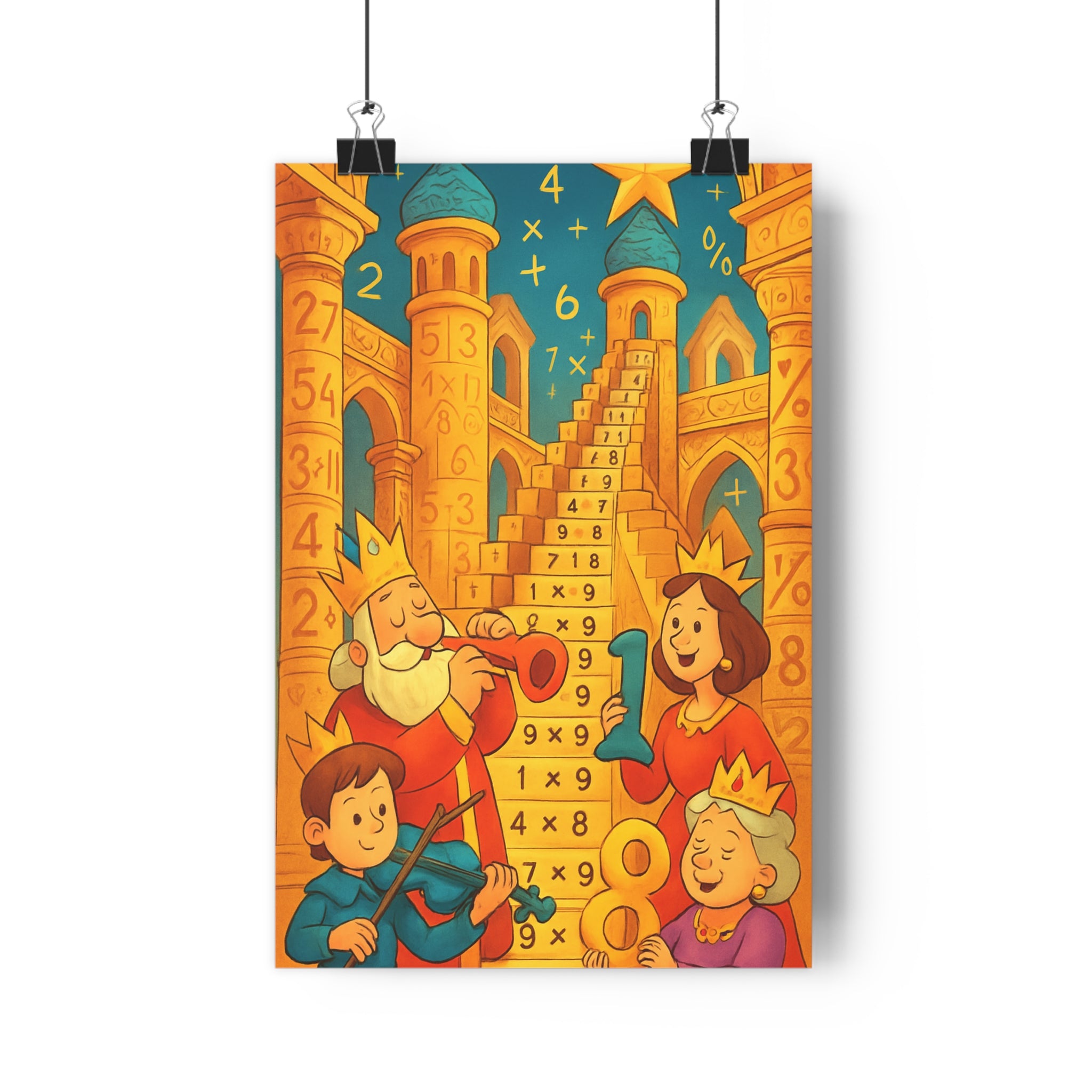 Poster décoratif cartoon enchanté or bleu chambre enfant ludique château mathématiques étoile royale joyeux