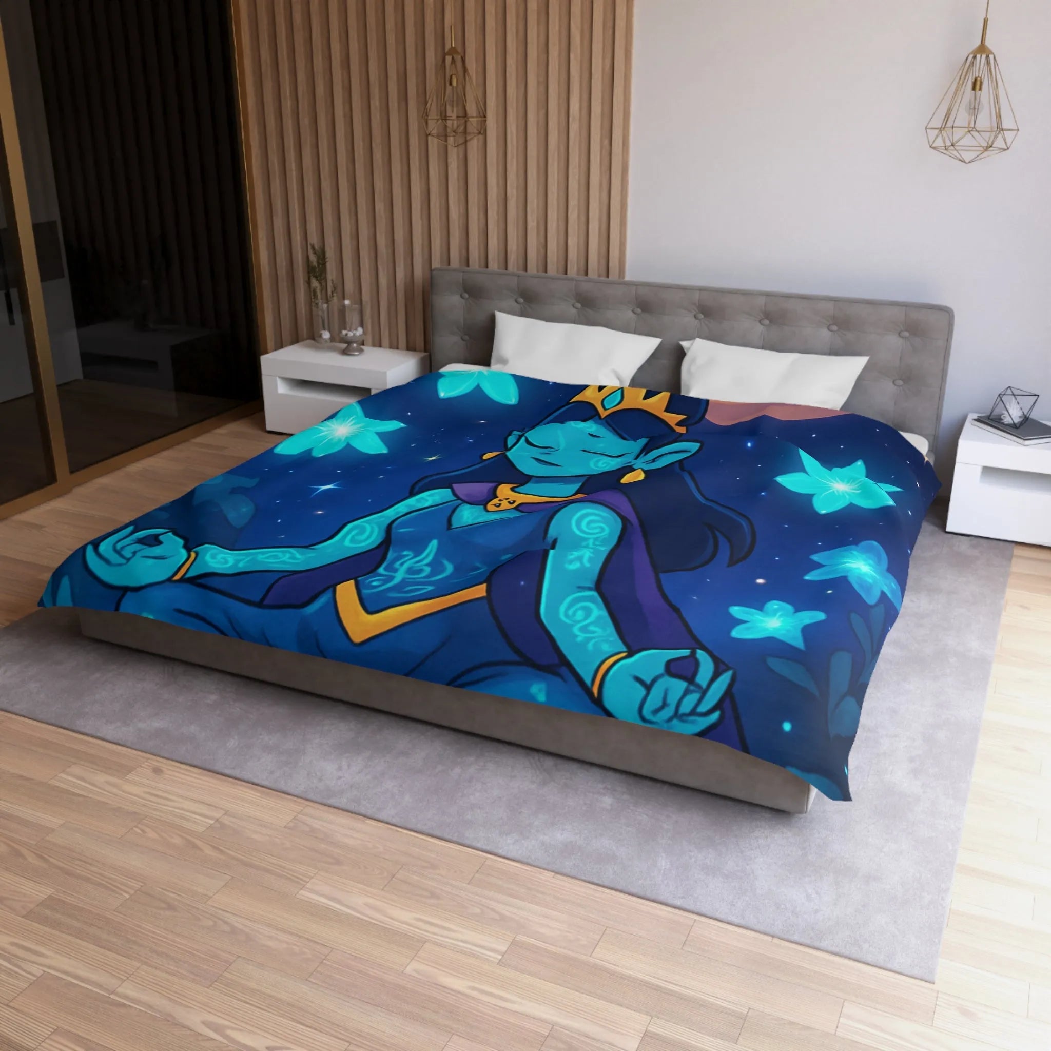 Housse de Couette Élégante avec Déesse Méditative et Étoiles, Ambiance Nocturne Mystique