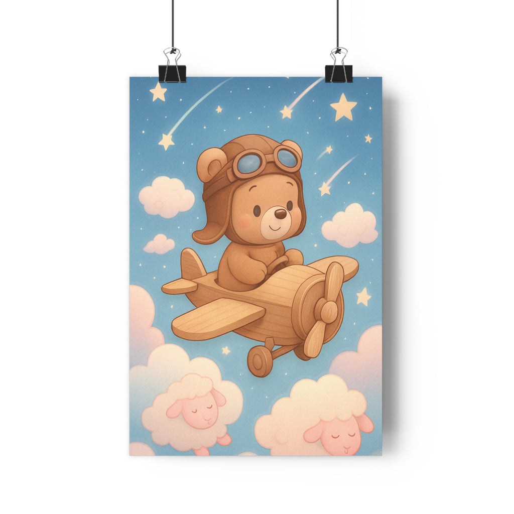 Poster décoratif pastel aventure cartoon ourson nuages étoiles chambre bébé format 30x46 apaisant qualité