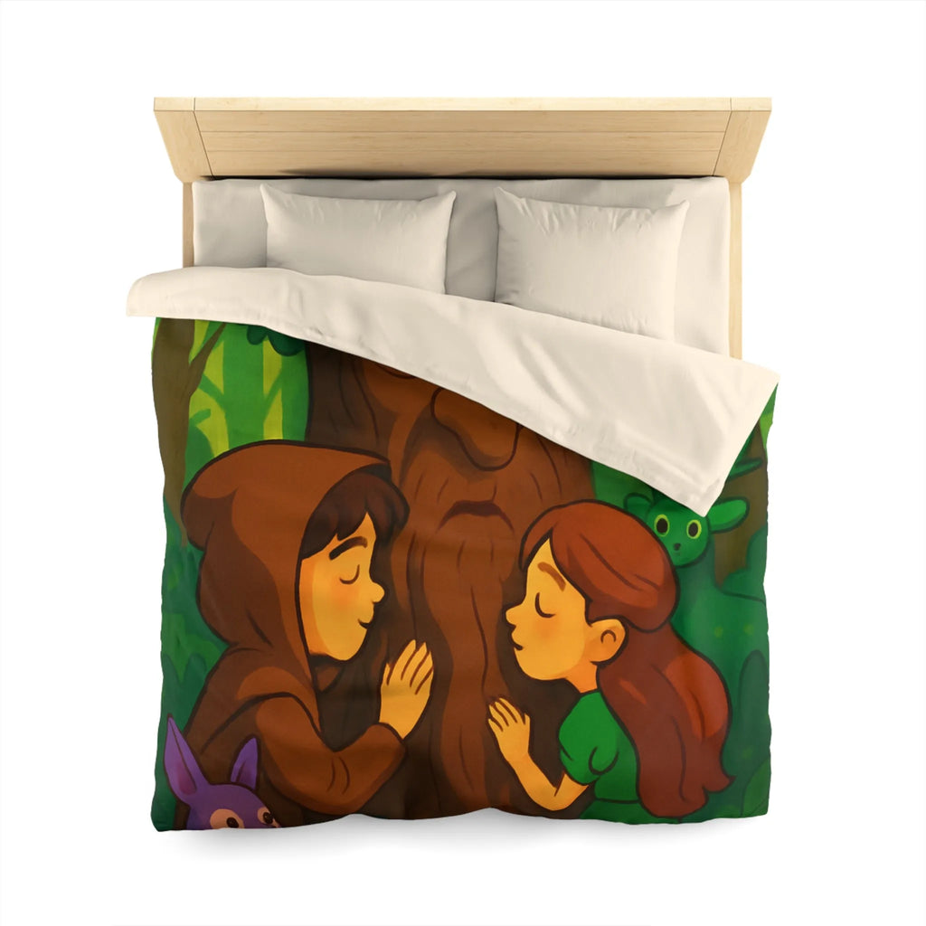 Housse de couette forêt enchantée avec animaux, arbres sages et personnages rêveurs