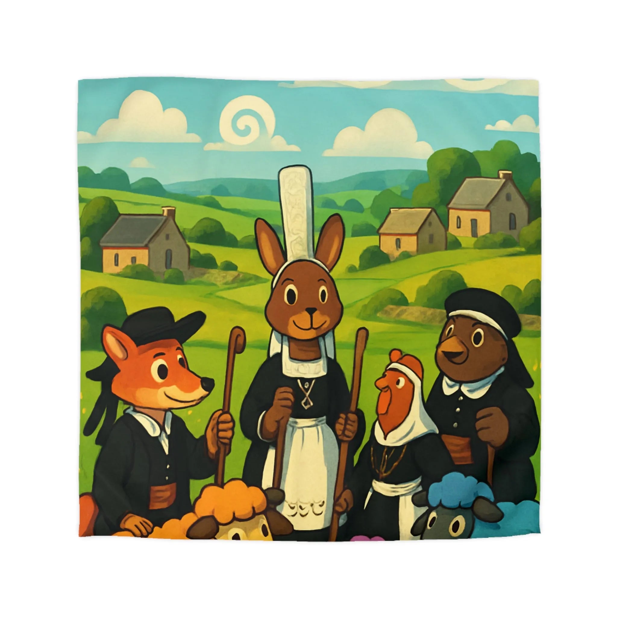 Housse de couette colorée avec animaux de ferme habillés dans un paysage champêtre