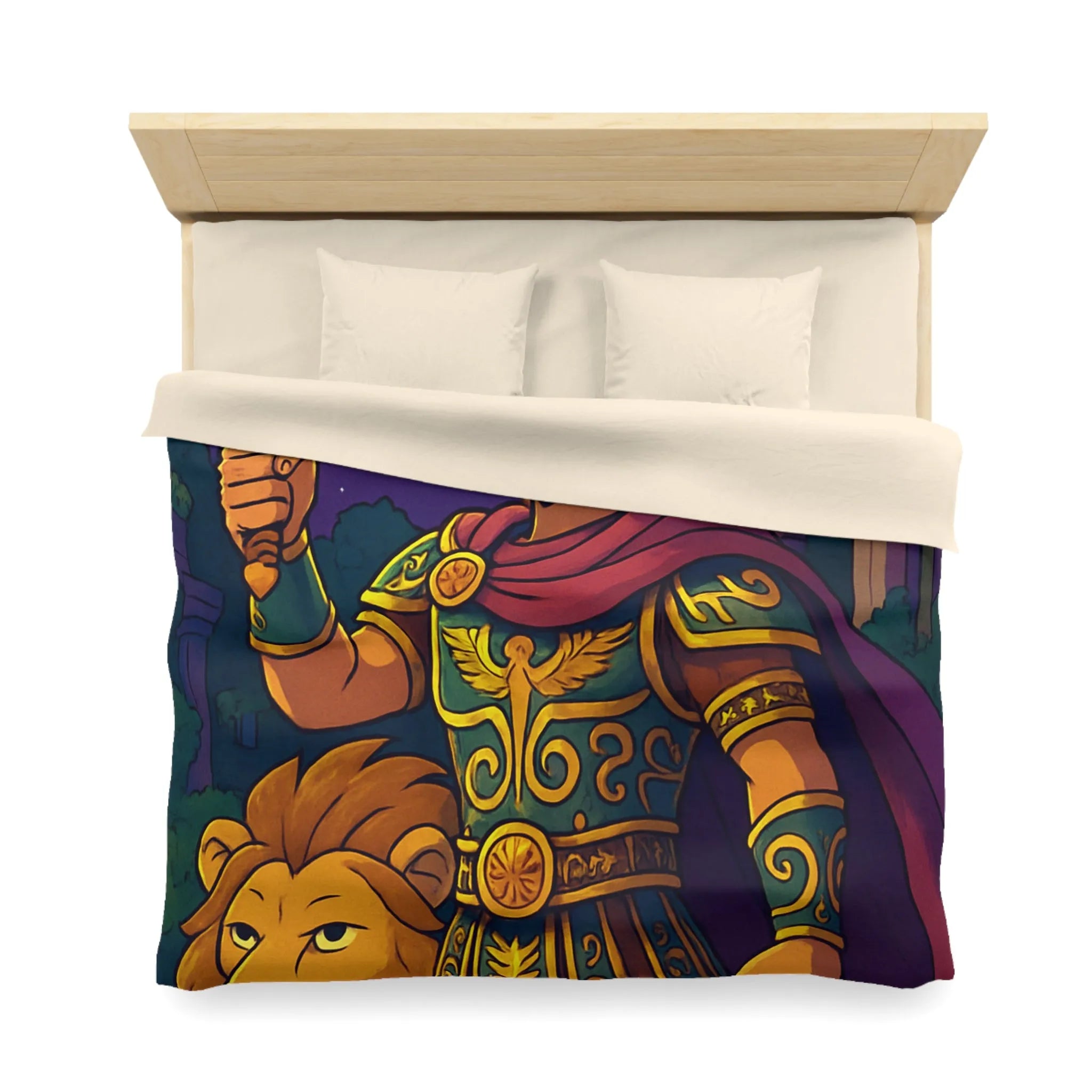 Housse de couette épique pour enfants avec un guerrier et un lion mythiques