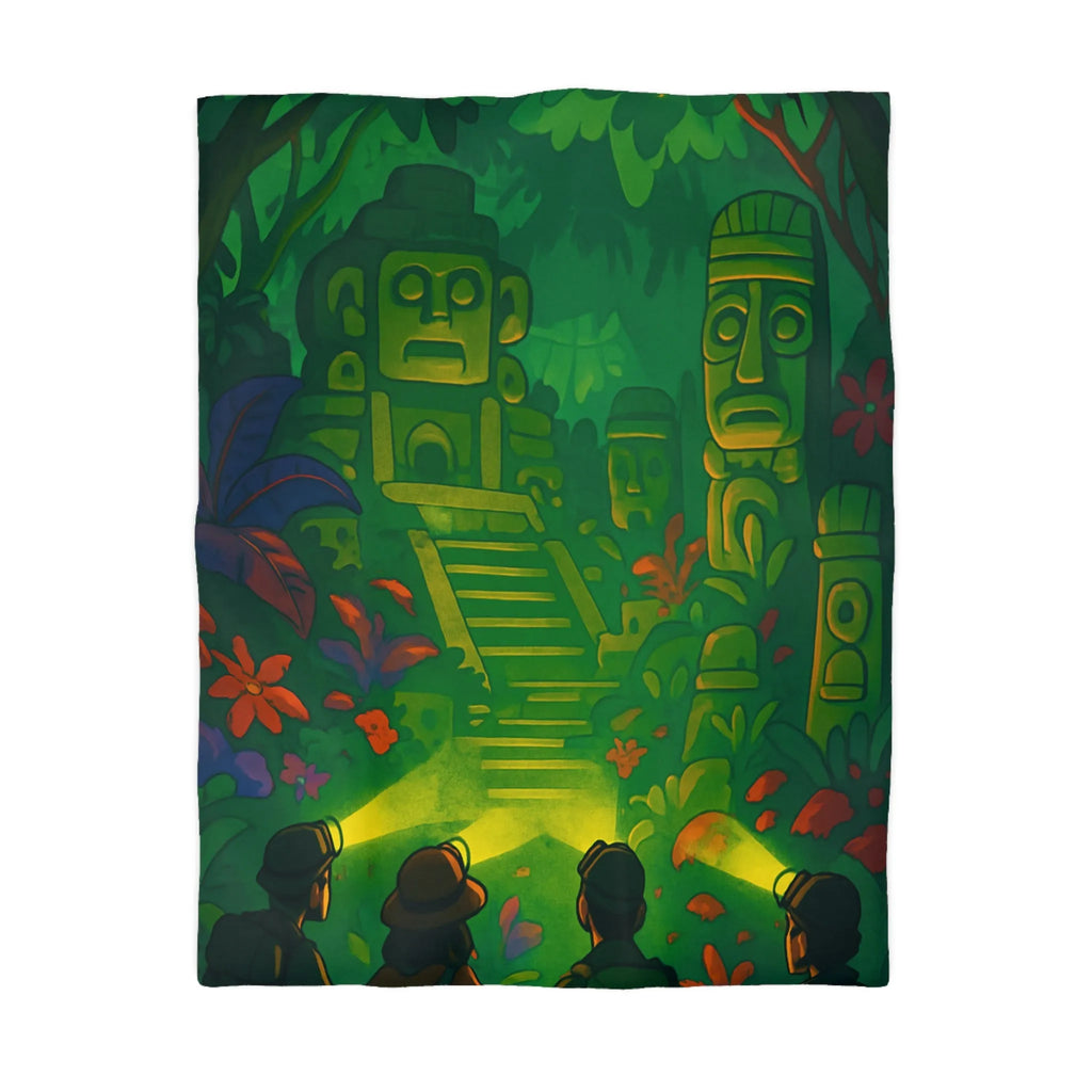 Housse de couette forêt tropicale avec statues anciennes, parfait pour les explorateurs nocturnes