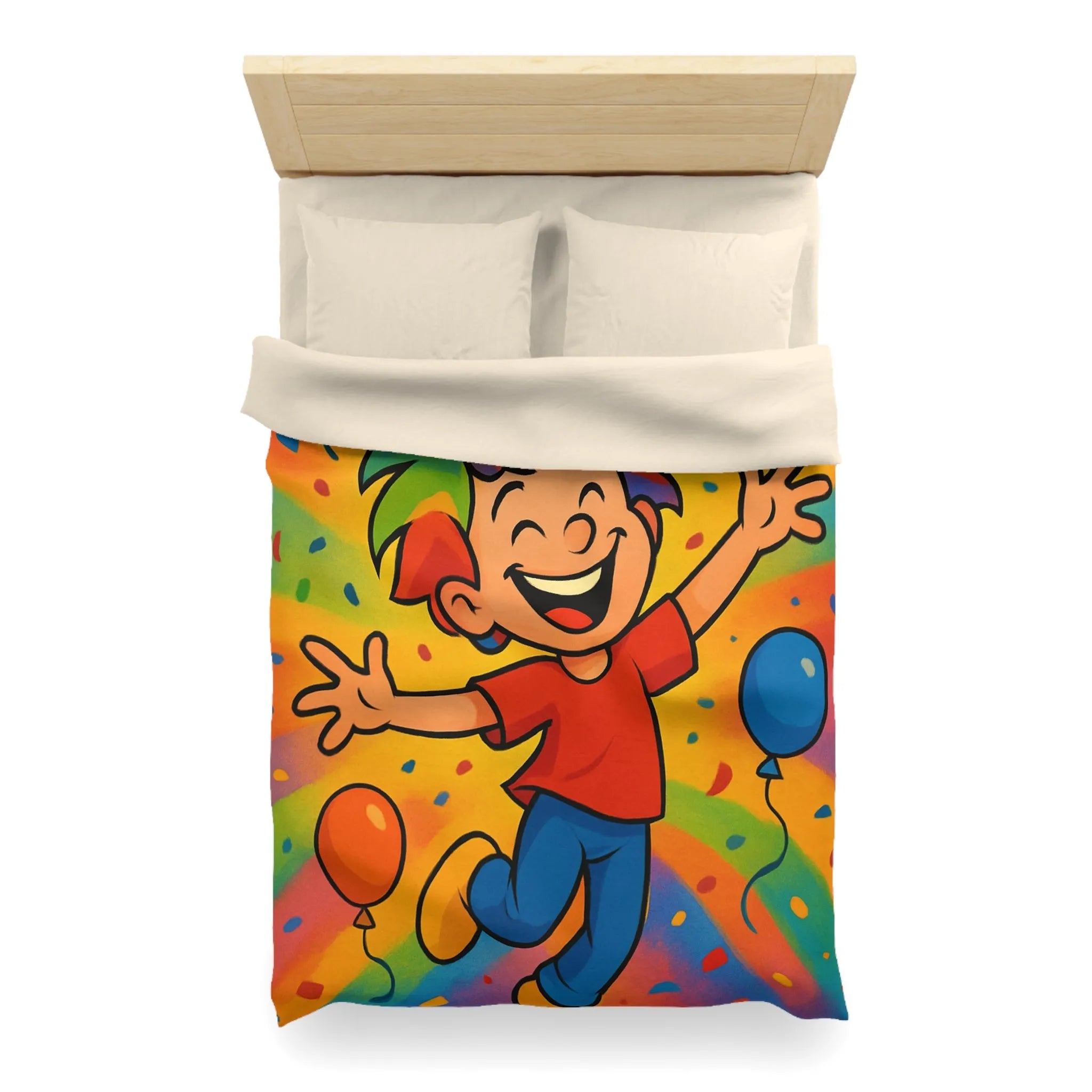 Housse de couette colorée avec enfant joyeux et ballons arc-en-ciel, ambiance festive