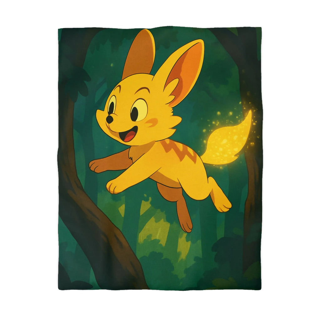 Housse de couette forêt féérique avec créature magique jaune sautant joyeusement à travers les arbres