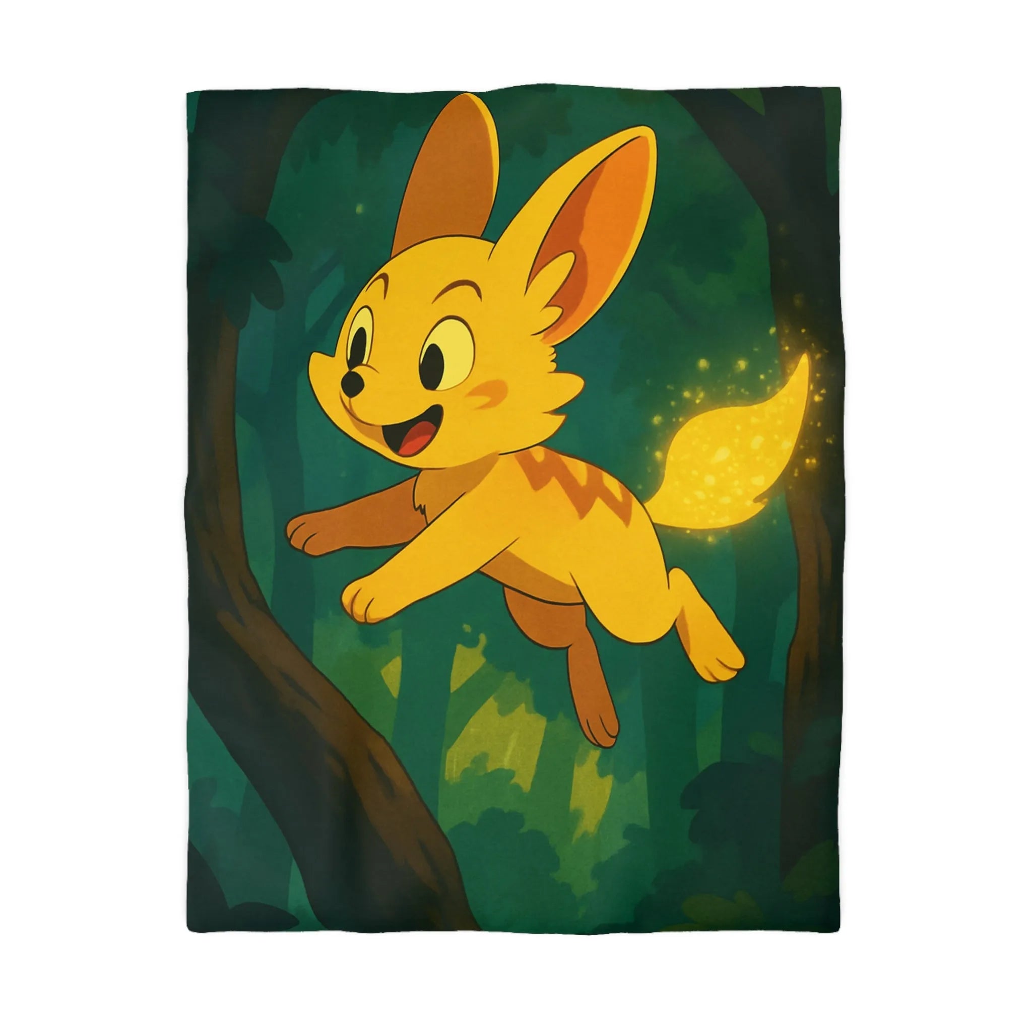 Housse de couette forêt féérique avec créature magique jaune sautant joyeusement à travers les arbres