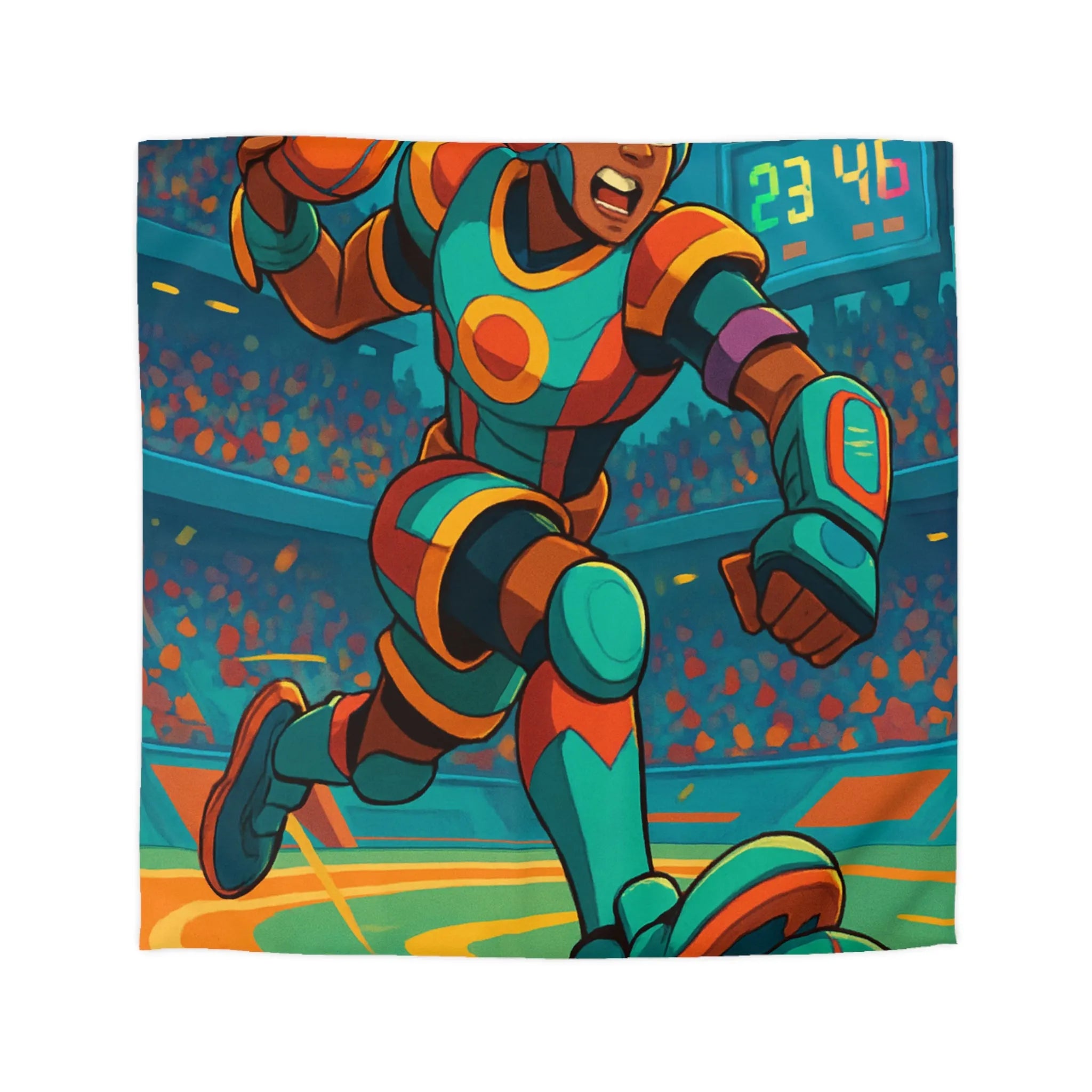 Housse de couette colorée avec joueur futuriste en action dans un stade dynamique