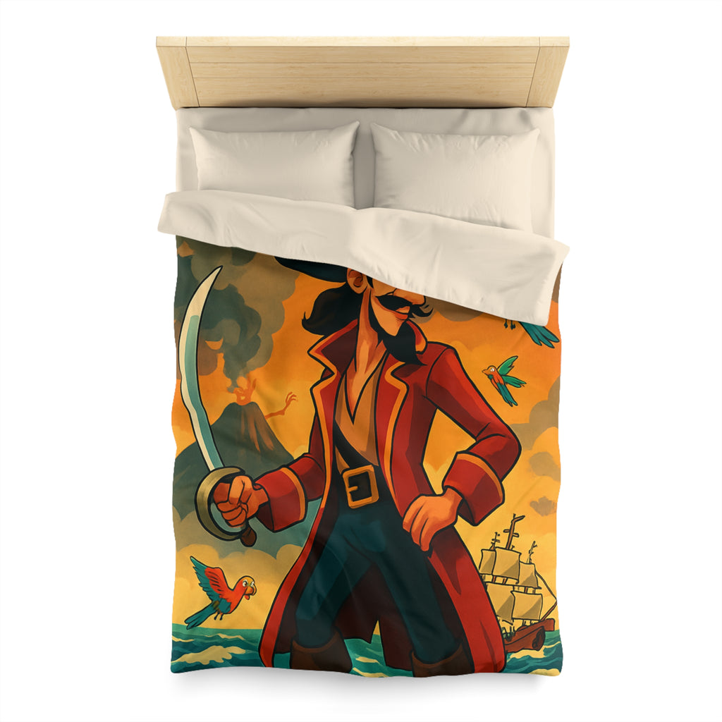Housse de couette pirate vibrante avec perroquets colorés, volcan actif et bateau en mer