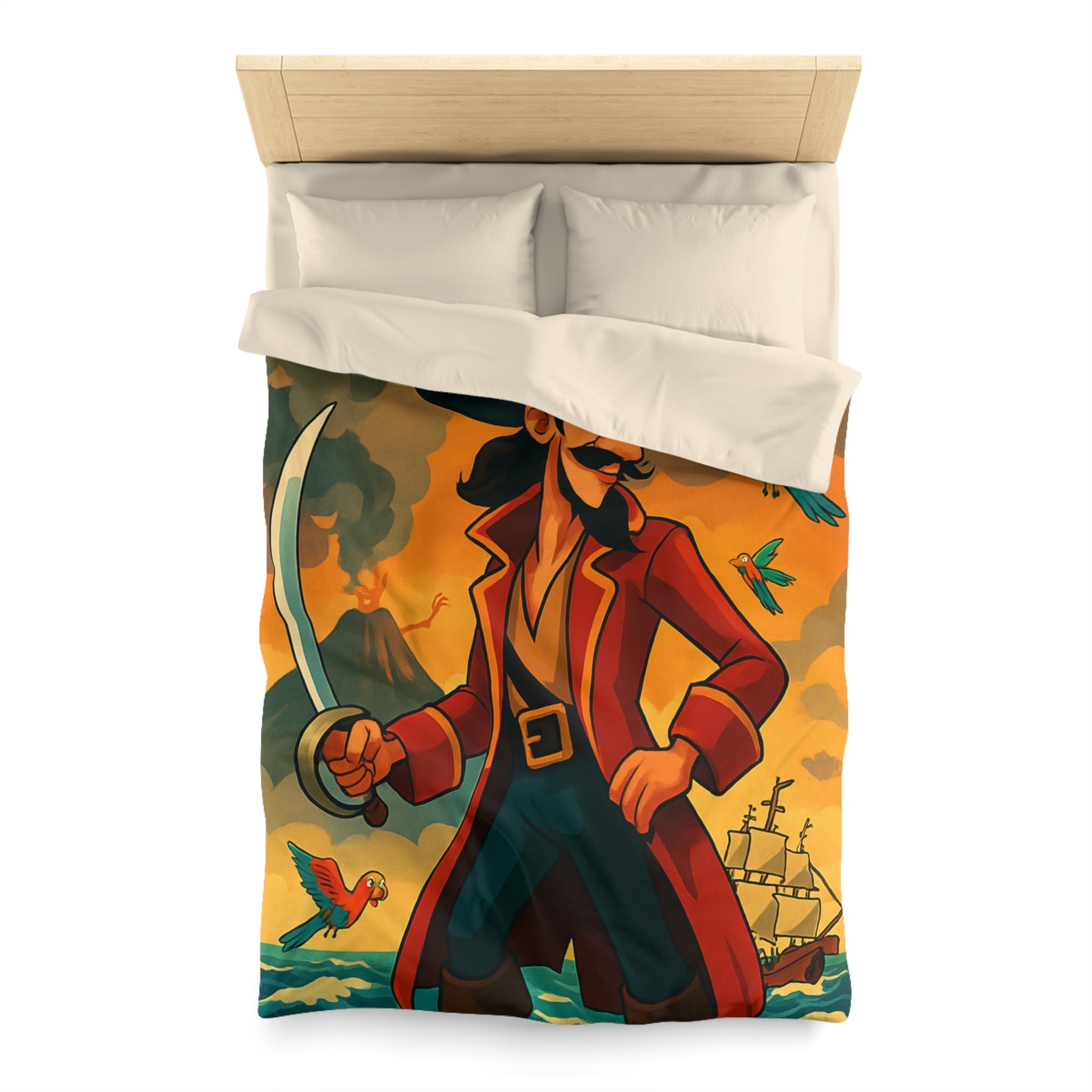 Housse de couette pirate vibrante avec perroquets colorés, volcan actif et bateau en mer