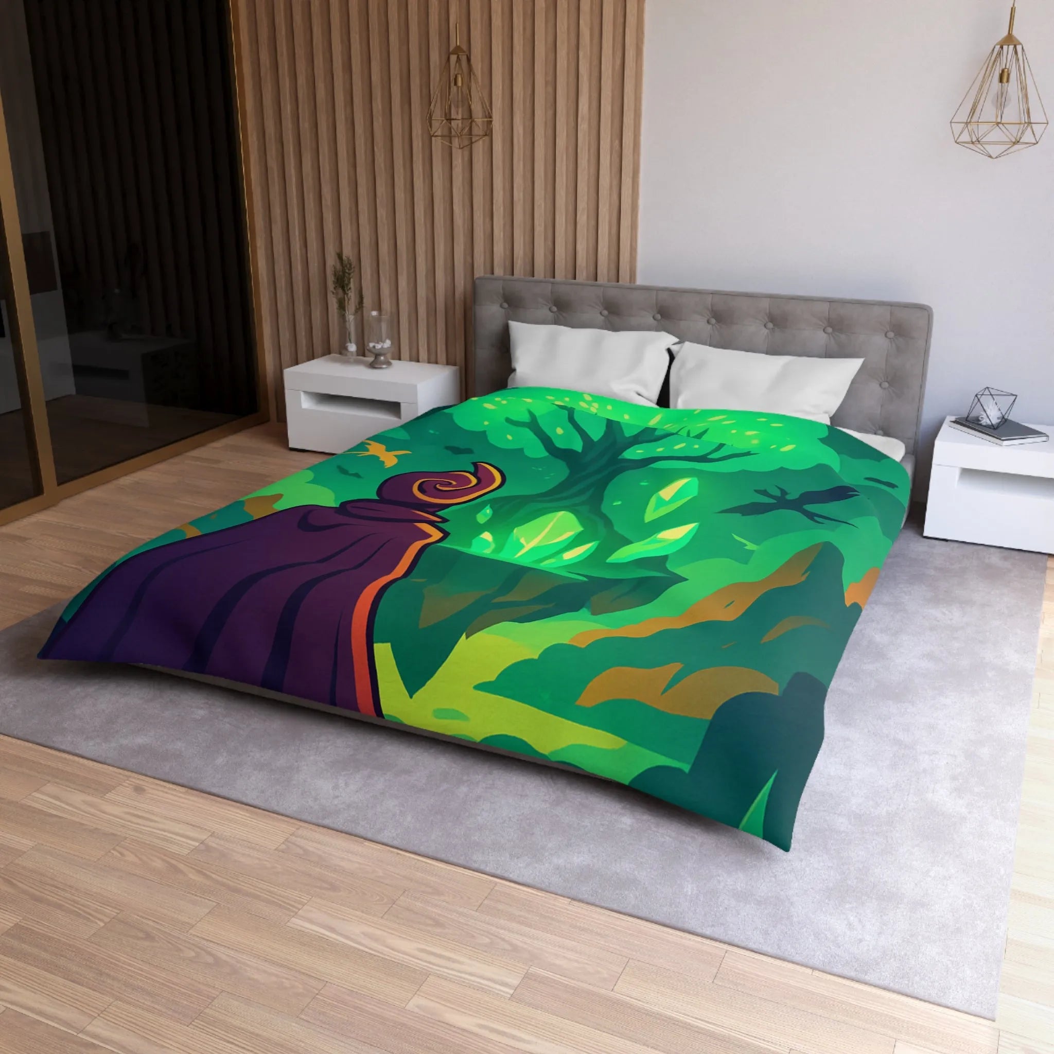 Housse de couette magique avec arbre brillant flottant, créatures volantes et paysages féeriques