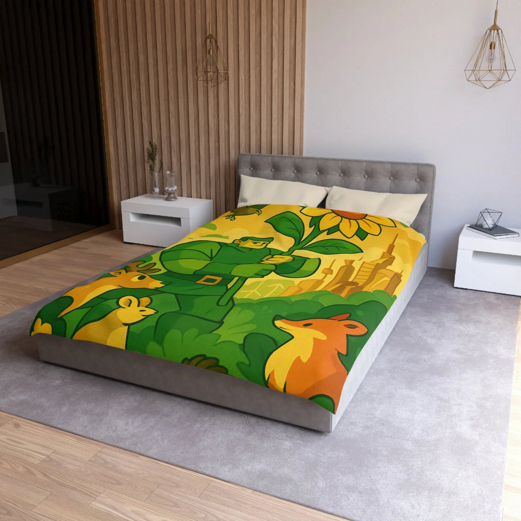 Housse de couette avec illustration végétale et animaux dans une ambiance futuriste naturelle