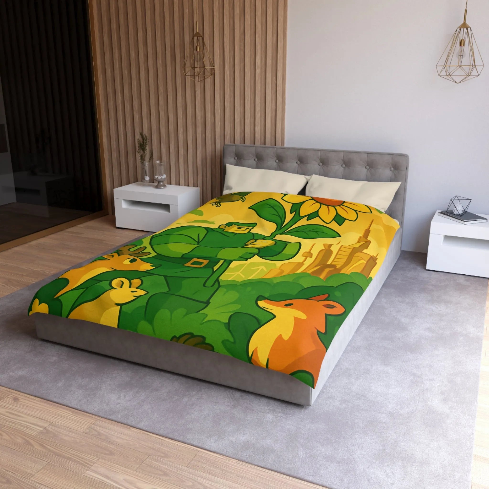 Housse de couette avec illustration végétale et animaux dans une ambiance futuriste naturelle