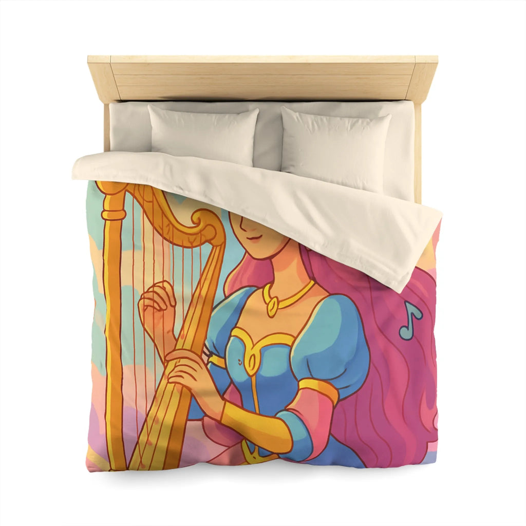 Housse de Couette Magique Princesse Jouant Harpe avec Oiseaux et Papillons Colorés