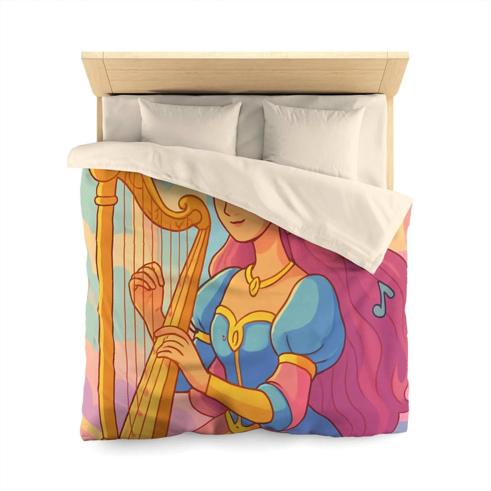 Housse de Couette Magique Princesse Jouant Harpe avec Oiseaux et Papillons Colorés