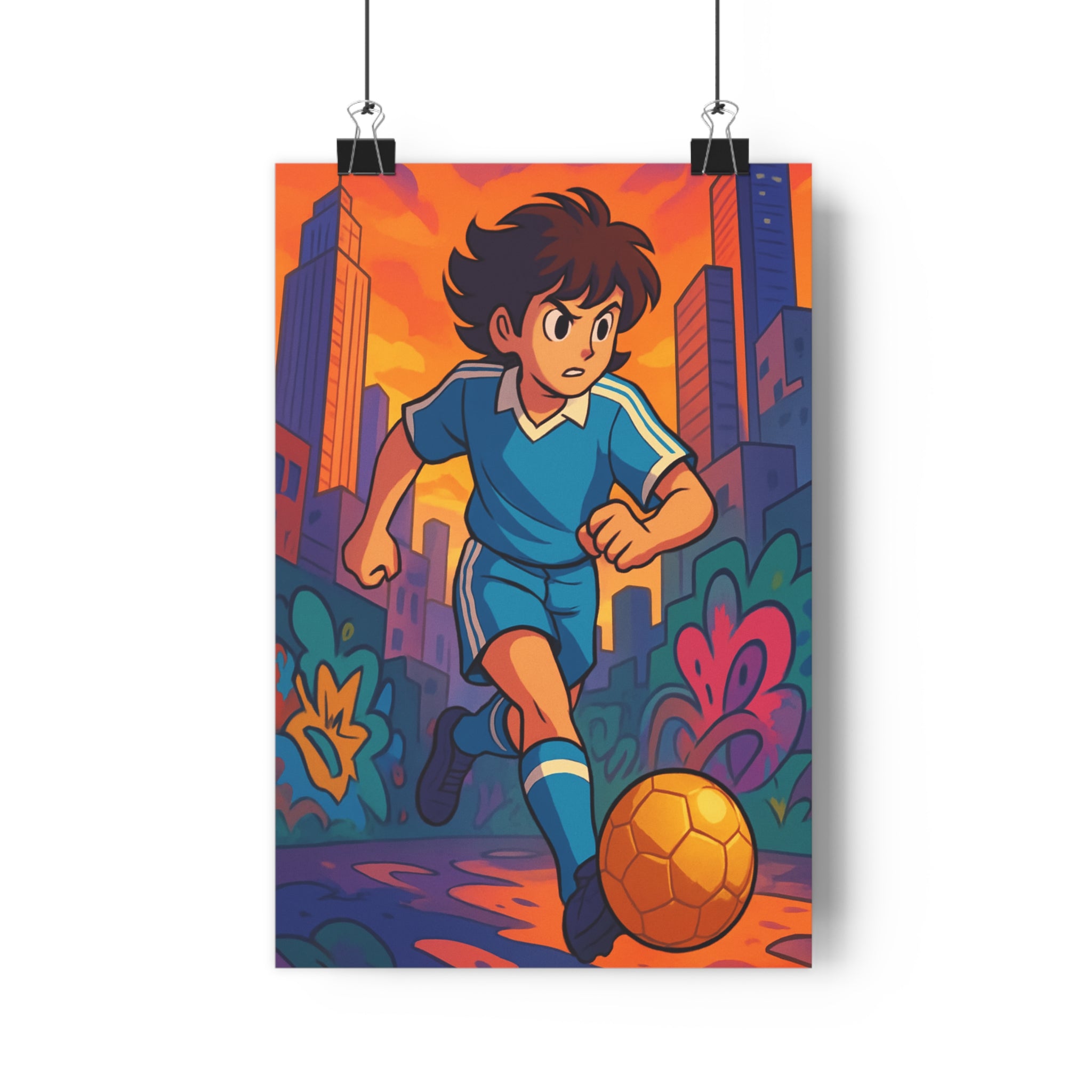 Poster décoratif footballeur urbain rétrofuturiste bleu orange dynamique chambre style cartoon joyeux vibrant qualité