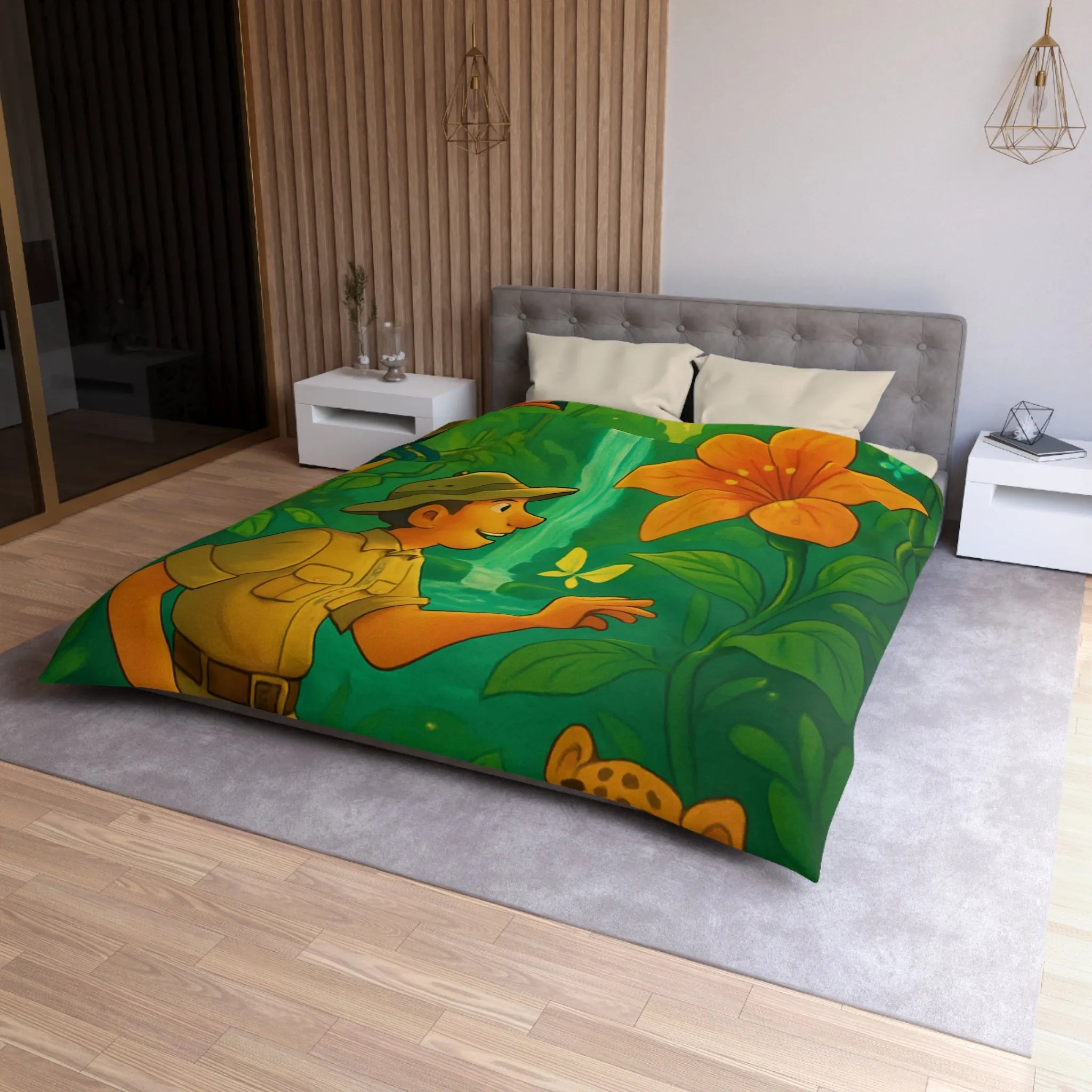 Housse de Couette Jungle Colorée avec Explorateur, Toucan, Léopard et Cascade Enchantée