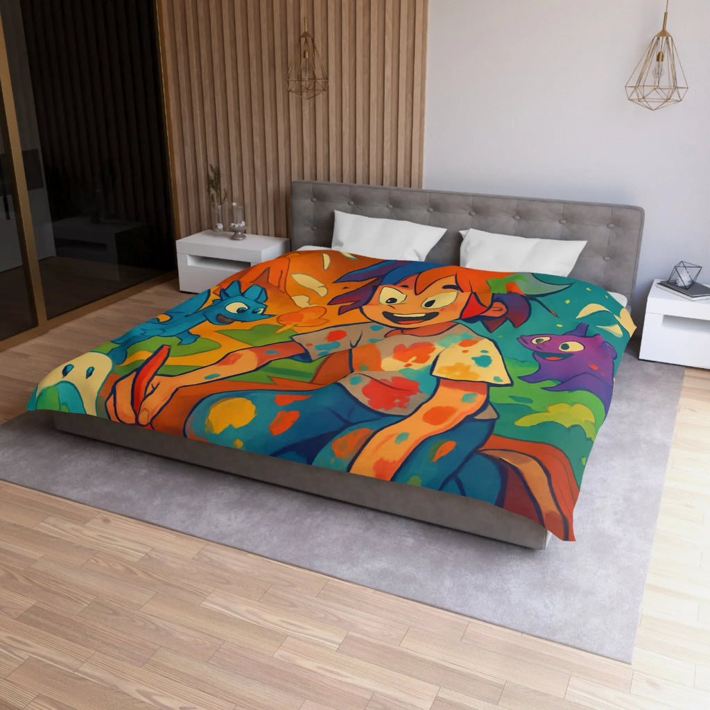 Housse de couette colorée illustrée avec enfant créatif et créatures fantastiques joyeuses