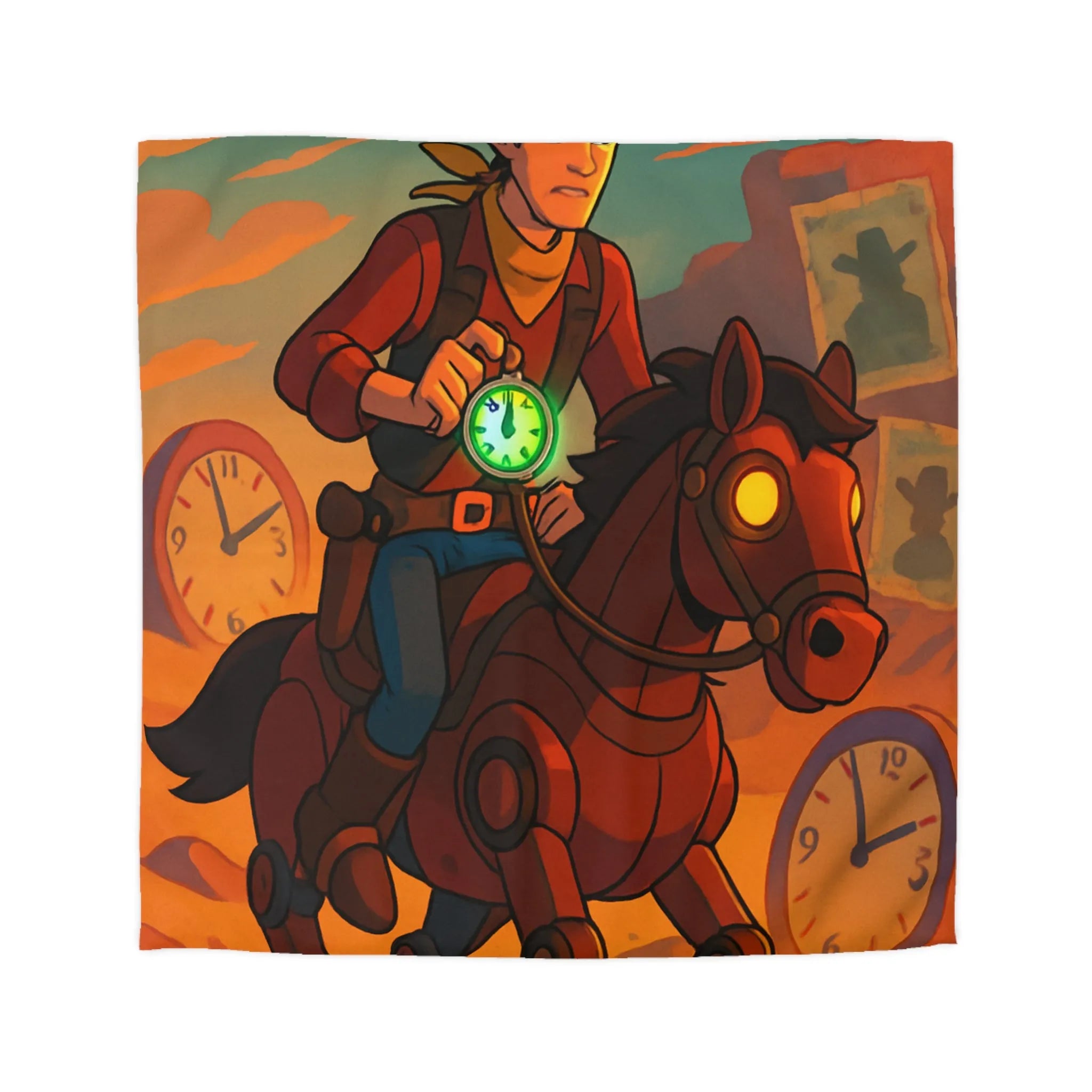 Housse de couette cowboy futuriste avec cheval mécanique et montres vintage dans désert