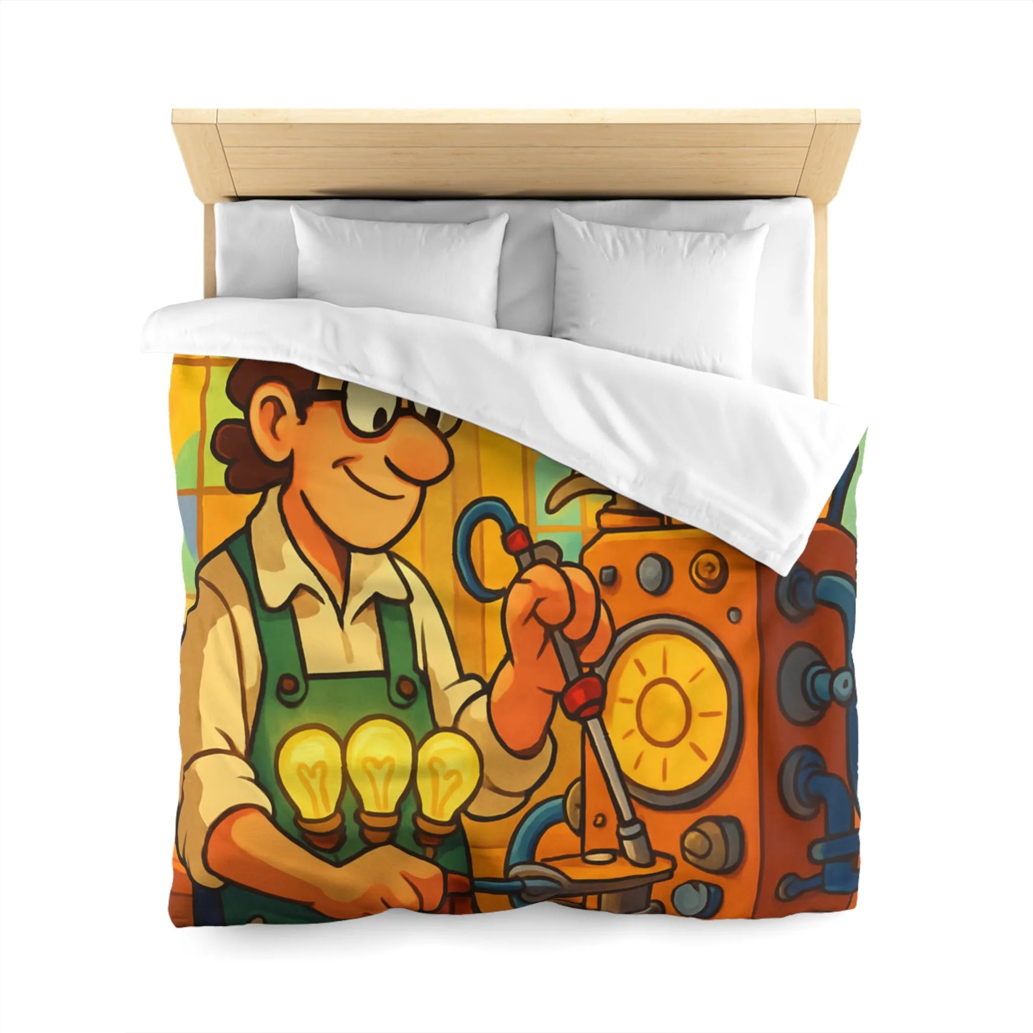 Housse de Couette Illustre Inventeur avec Machine Énergétique et Vitrail Coloré Artistique