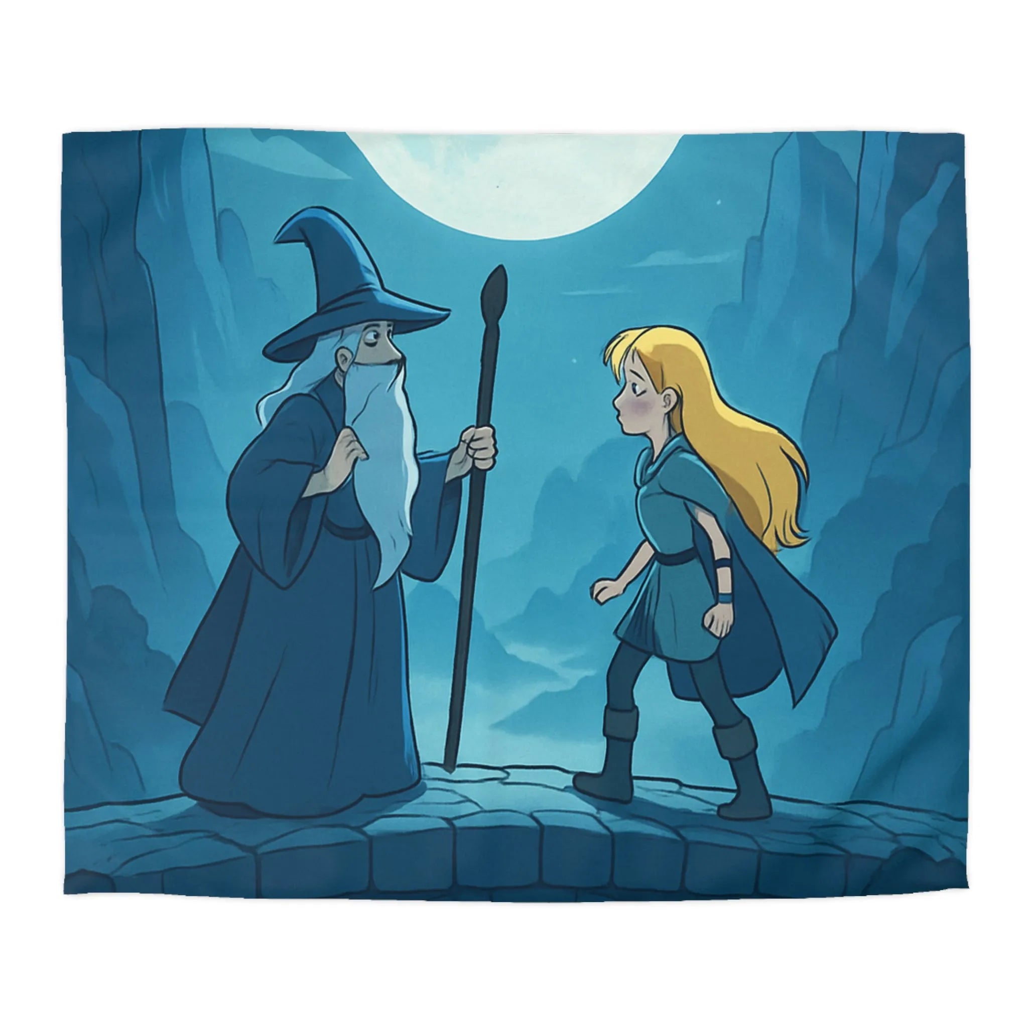 Housse de couette enchantée avec sorcier, lune et montagne pour ambiance mystique