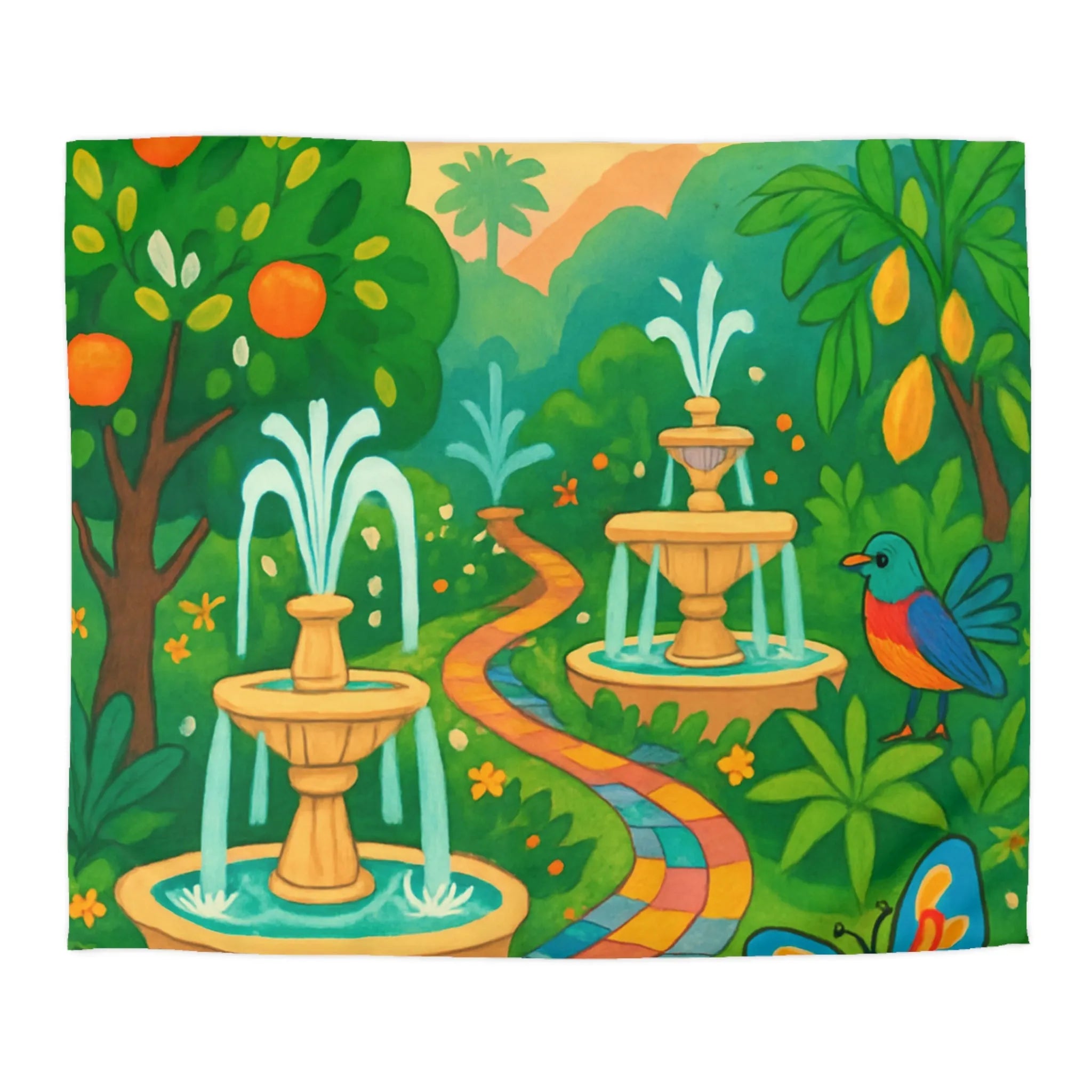 Housse de couette colorée avec oiseaux et fontaines dans jardin tropical vibrant