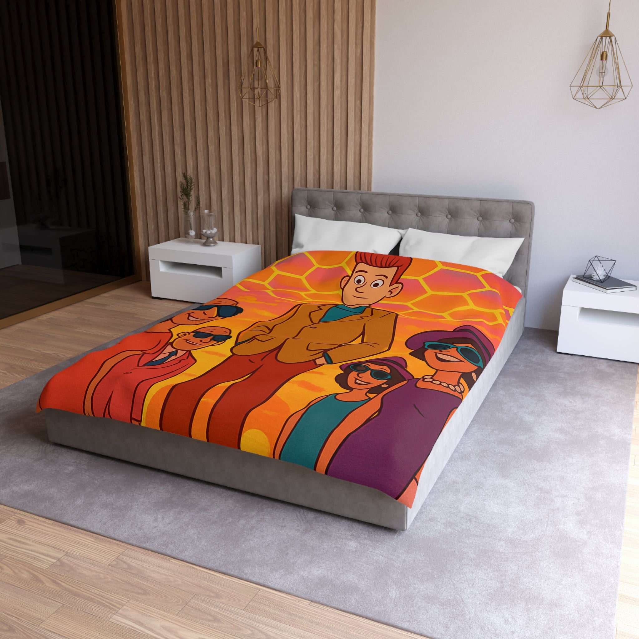 Motifs colorés hexagonaux vibrant avec personnages stylisés dans un paysage ensoleillé unique