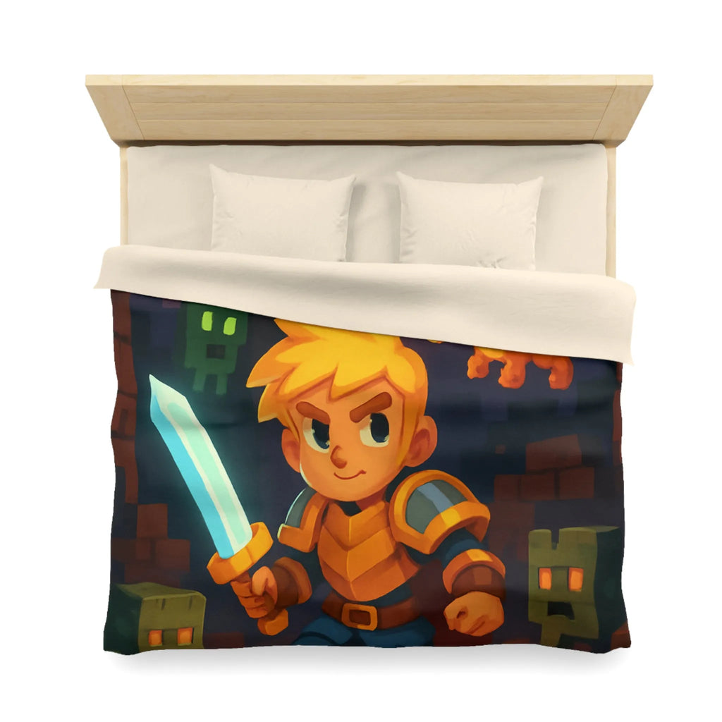 Housse de couette épique avec héros, dragon, volcan en feu et créatures cubiques
