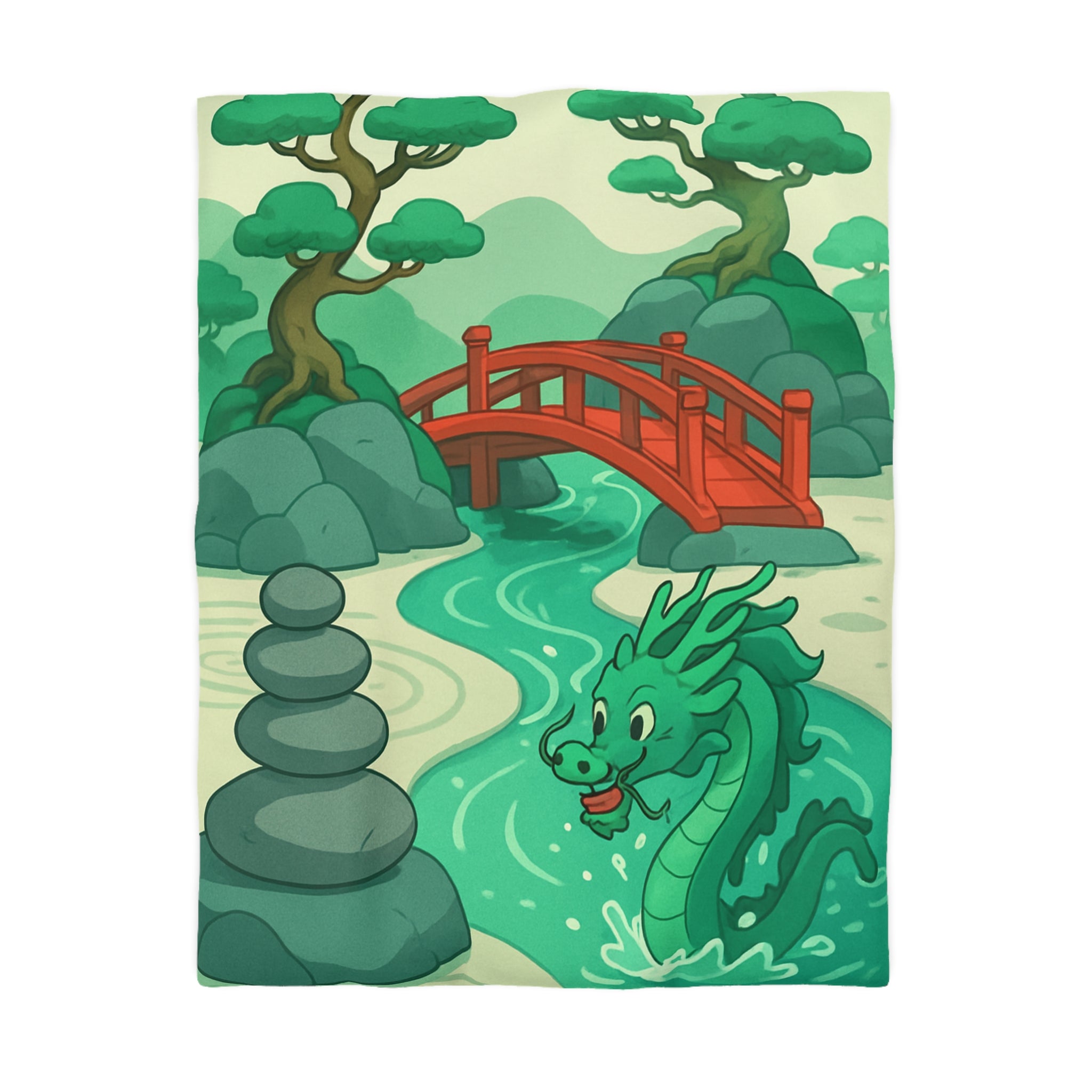 Magnifique housse de couette dragon vert dans jardin zen avec pont rouge