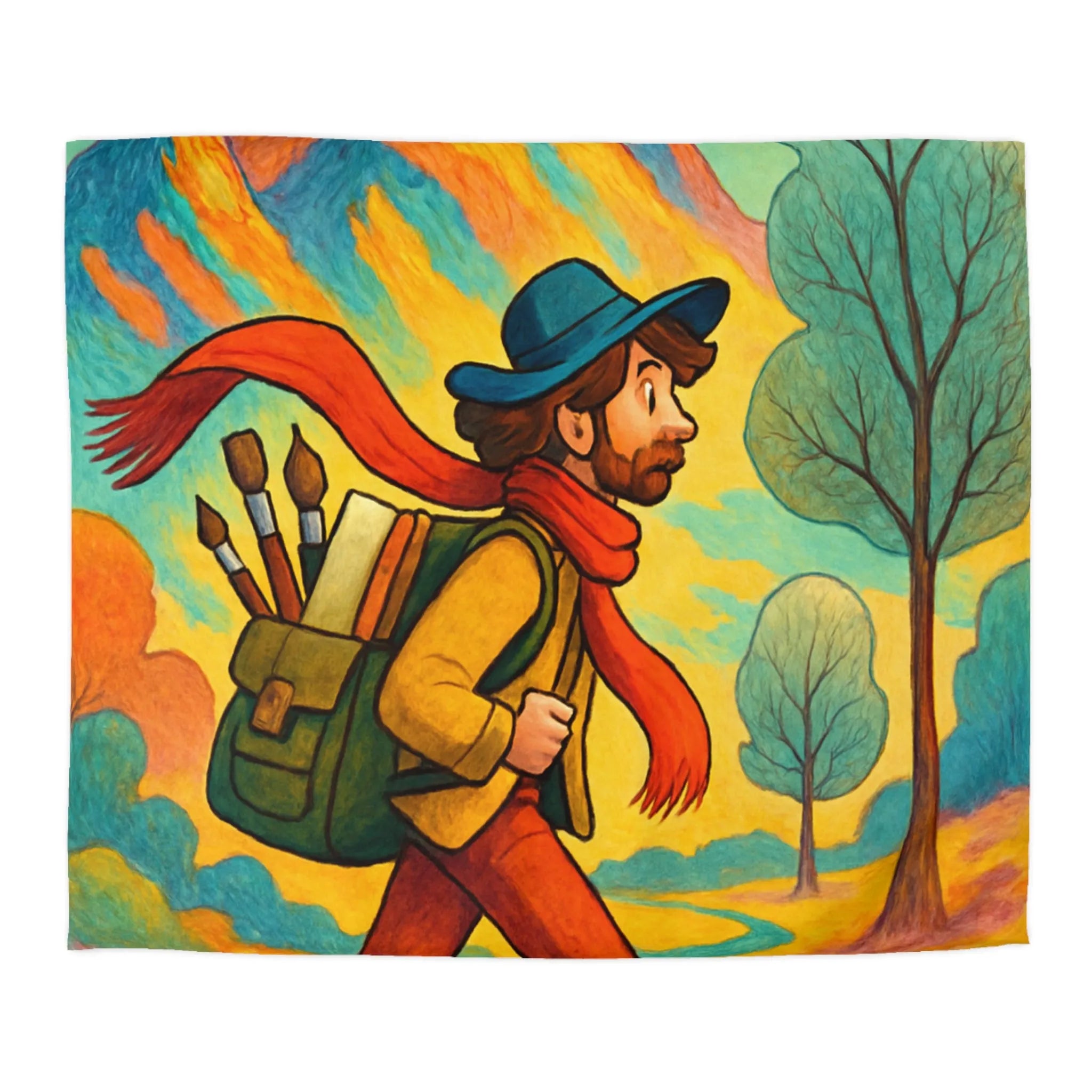 Housse de couette colorée illustrant randonneur artistique en forêt montagneuse avec sac à dos
