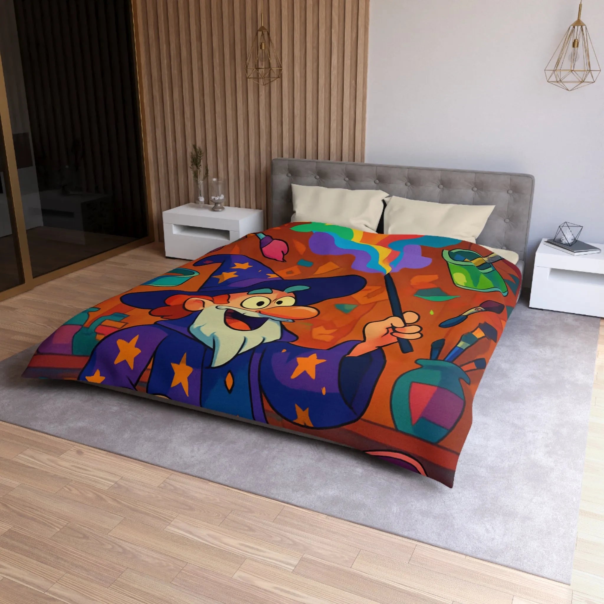 Housse de couette magique colorée avec sorcier et peinture arc-en-ciel vibrante