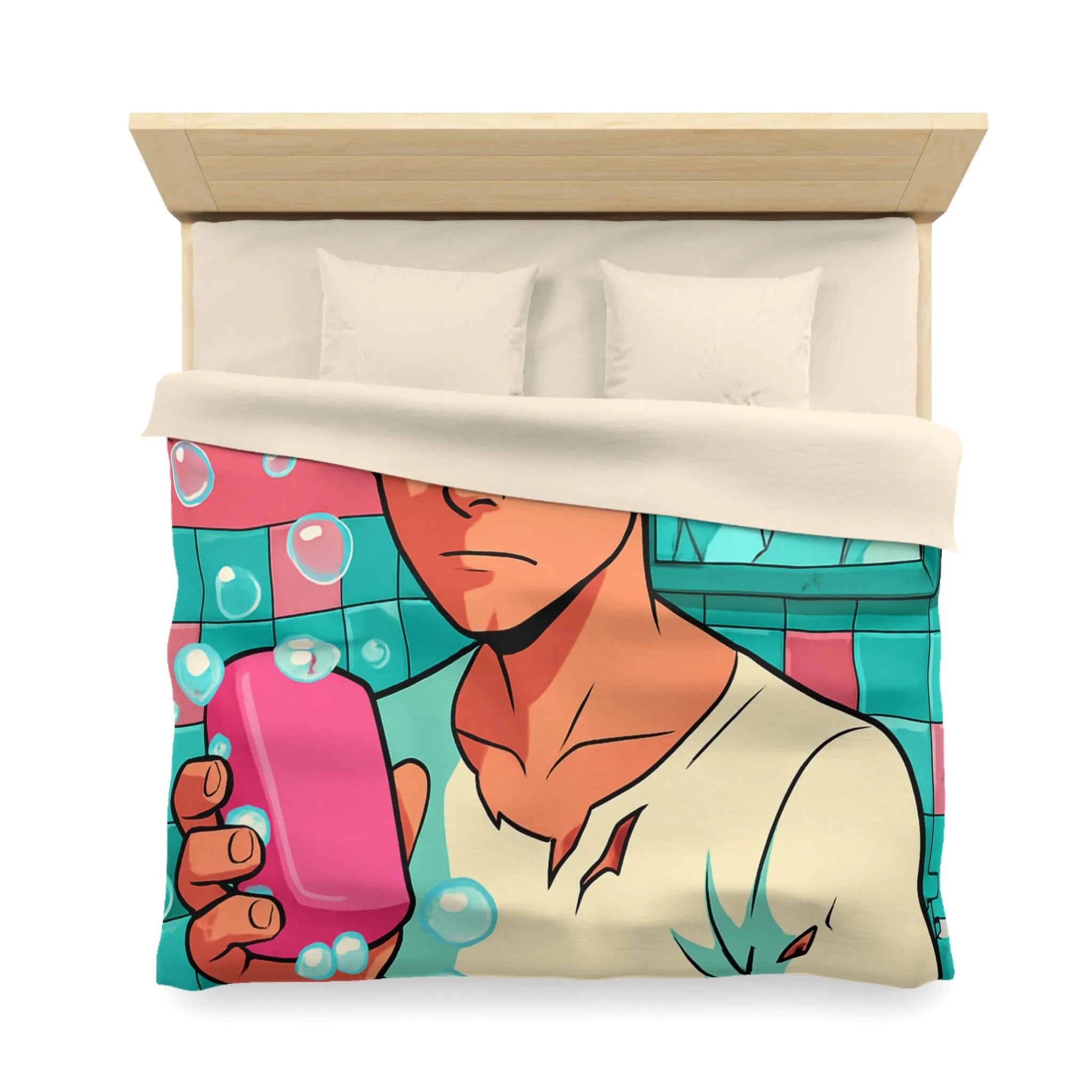 Housse de Couette avec Jeune Homme Déterminé Tenant Un Savon Rose en Colère