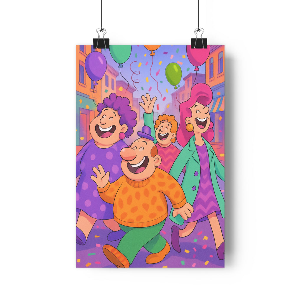 Poster décoratif néopop coloré joyeux personnages défilant rue animée salon chambre moderne qualité premium