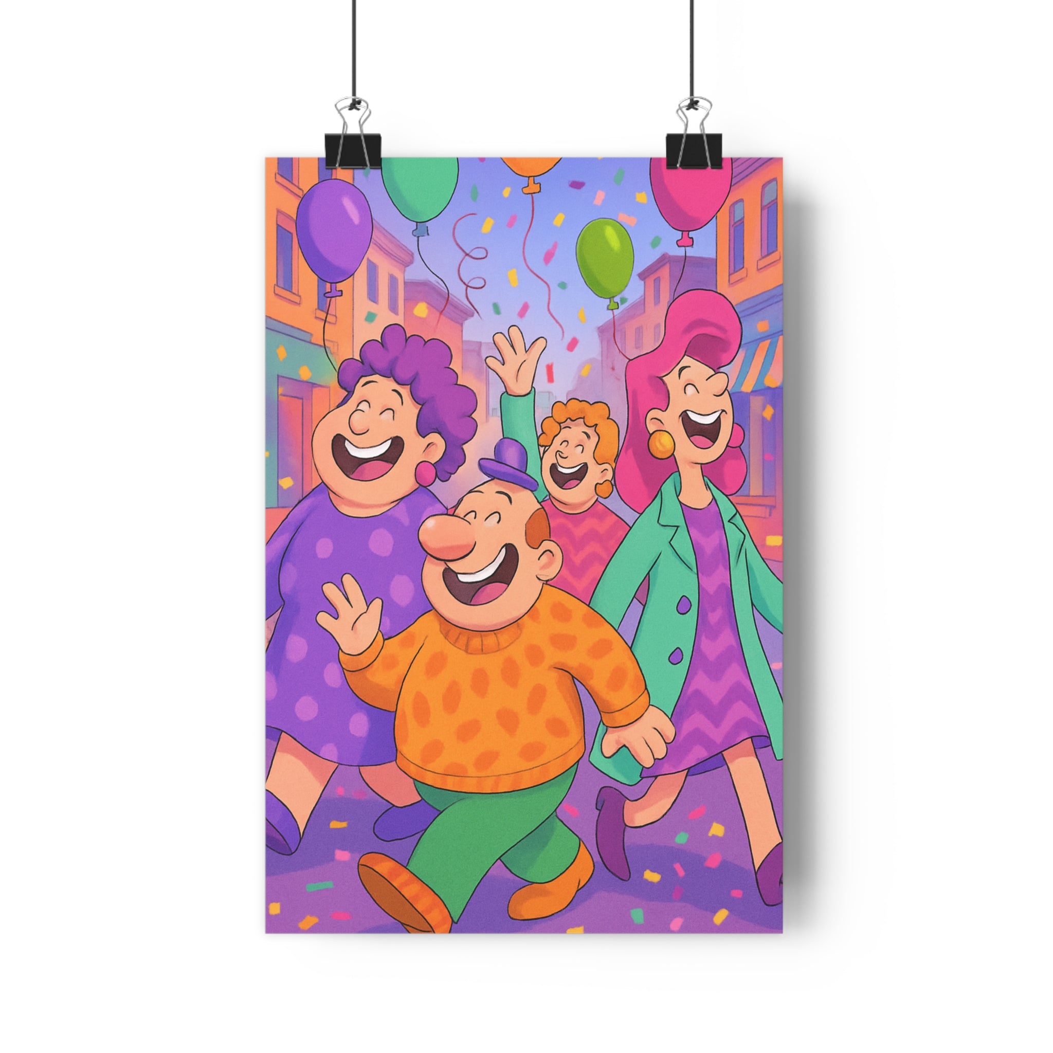 Poster décoratif néopop coloré joyeux personnages défilant rue animée salon chambre moderne qualité premium