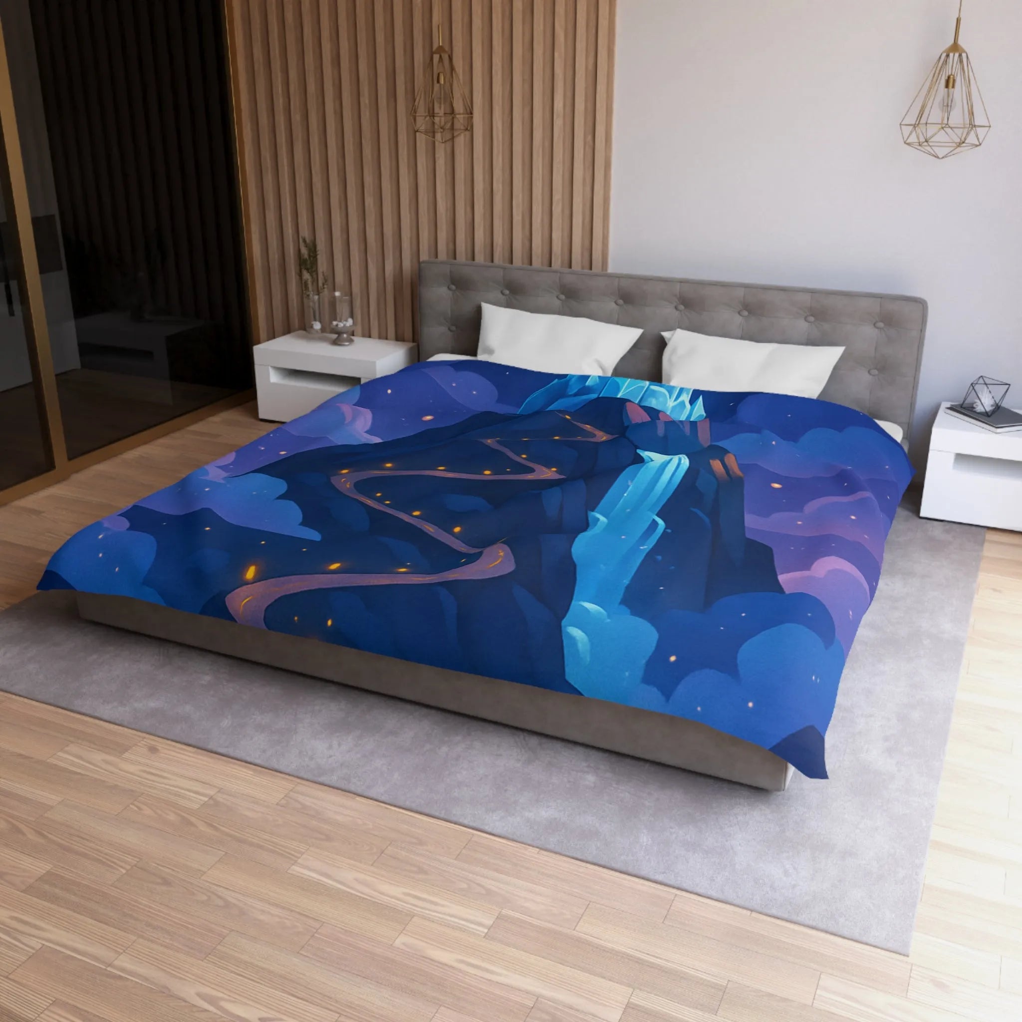 Housse de couette avec château glacé sur montagne illuminée sous ciel étoilé féerique