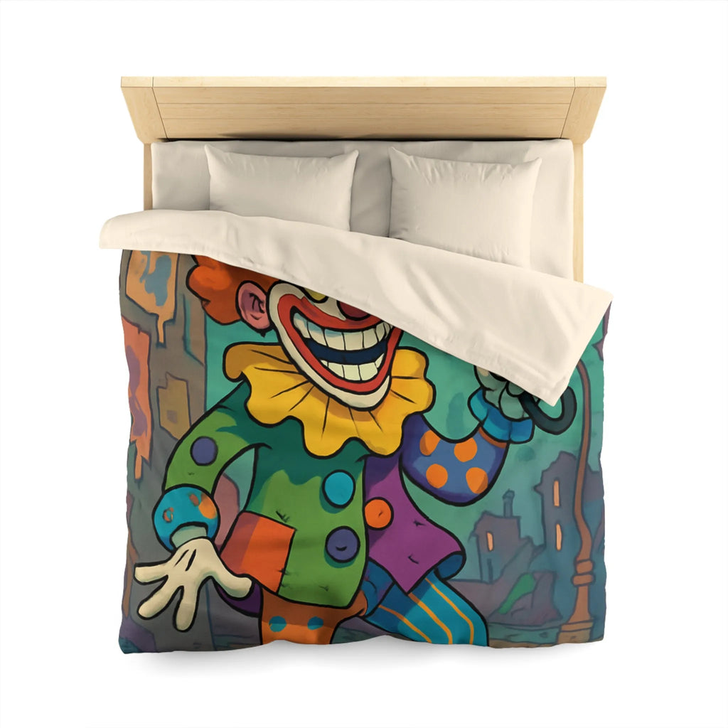 Housse de couette colorée avec clown joyeux et parapluie en pleine ville animée