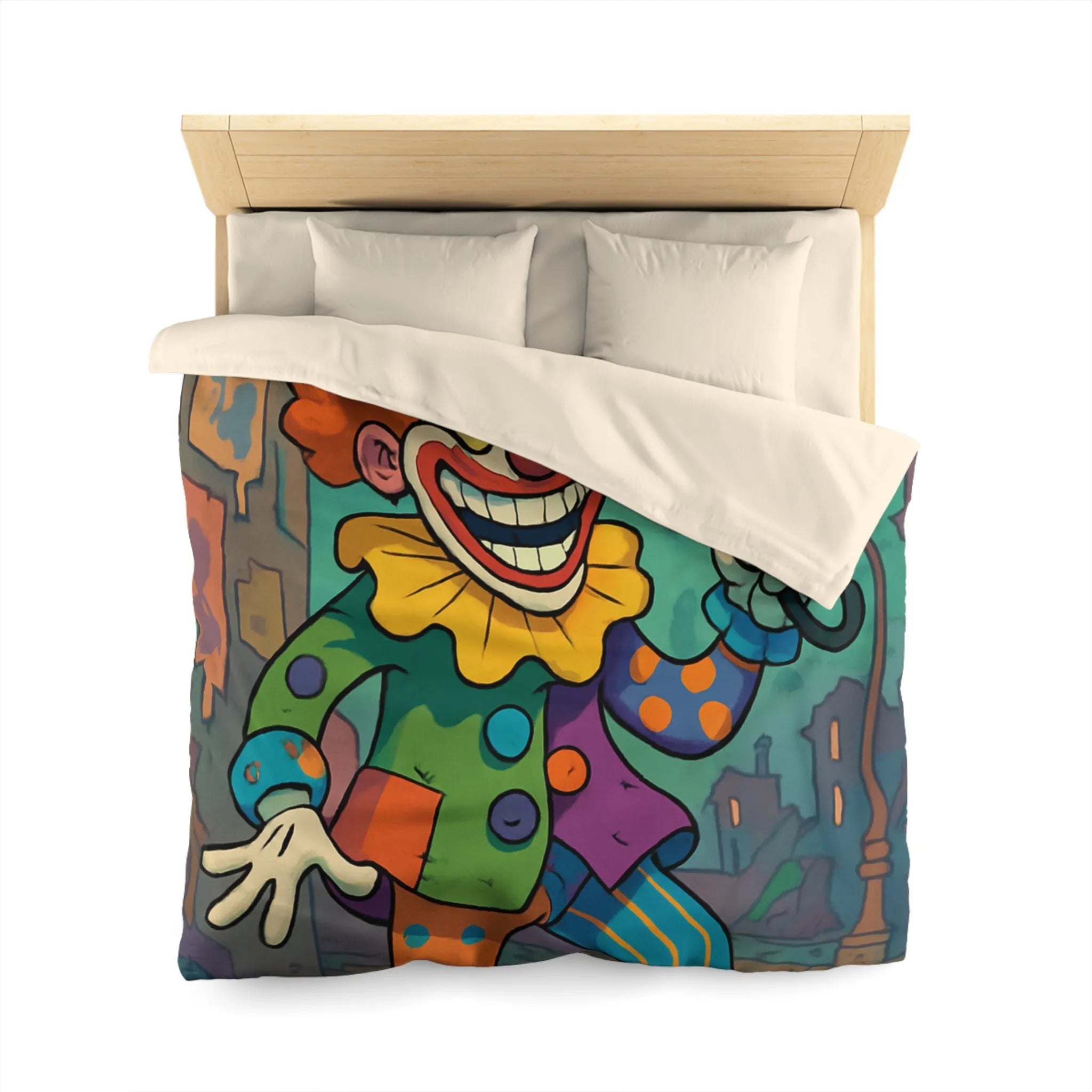 Housse de couette colorée avec clown joyeux et parapluie en pleine ville animée