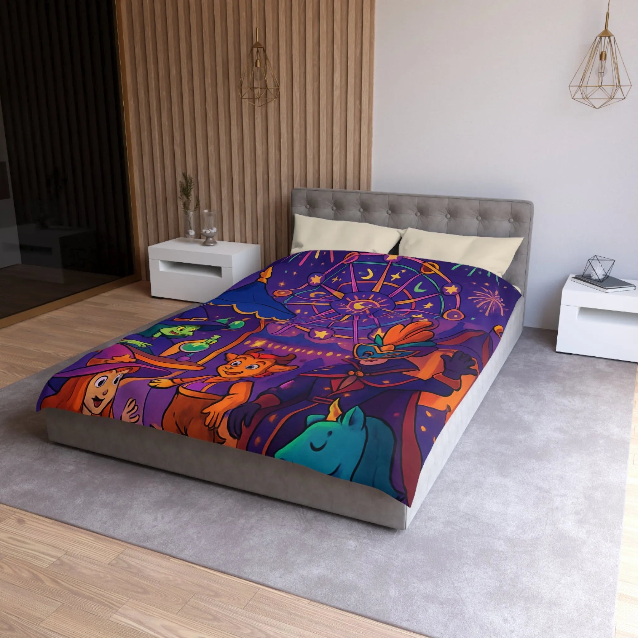 Housse de couette féerique magique avec feux d'artifice, masque et licorne bleue