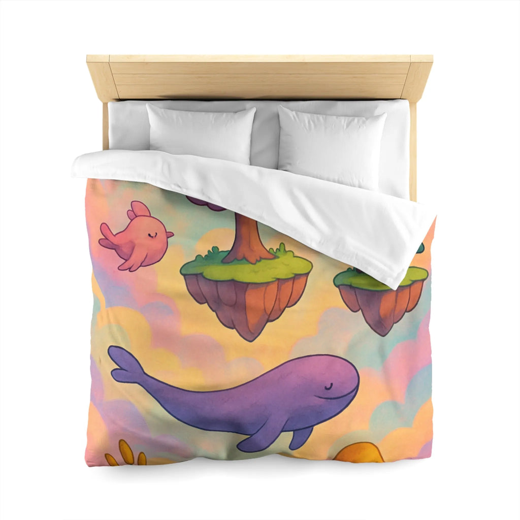Housse de couette avec îles flottantes et créatures rêveuses dans un ciel magique