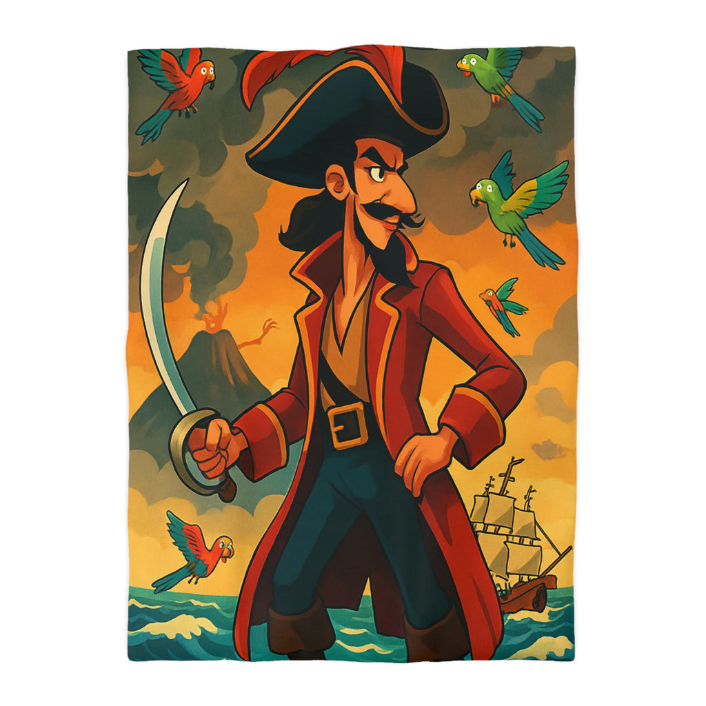 Housse de couette pirate vibrante avec perroquets colorés, volcan actif et bateau en mer