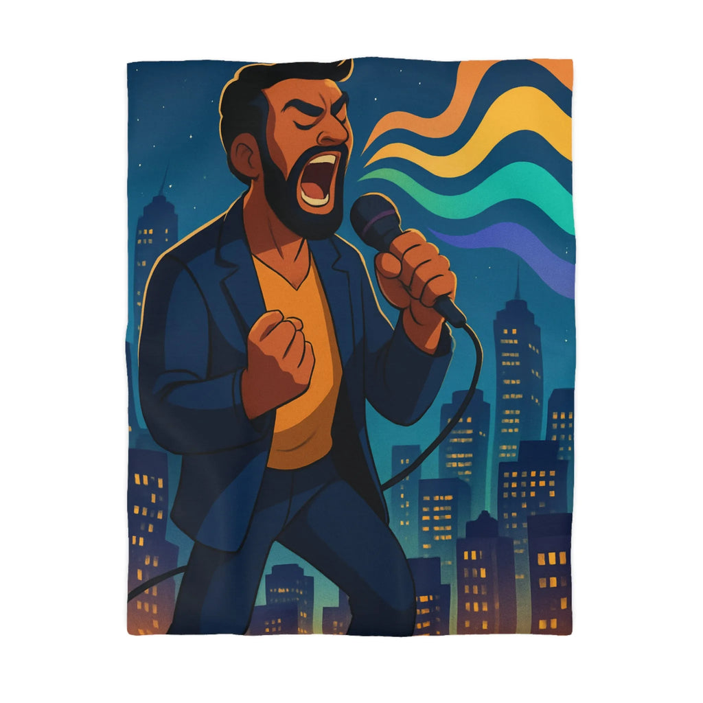 Housse de couette artistique : chanteur vibrant avec coucher de soleil et gratte-ciels