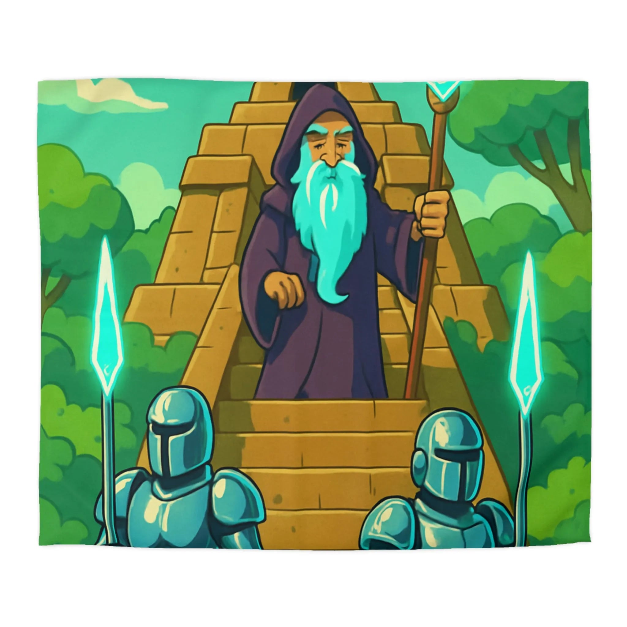 Enchanted Pyramid Landscape with Wizard and Glowing Guardians for Magical Bedding Decor