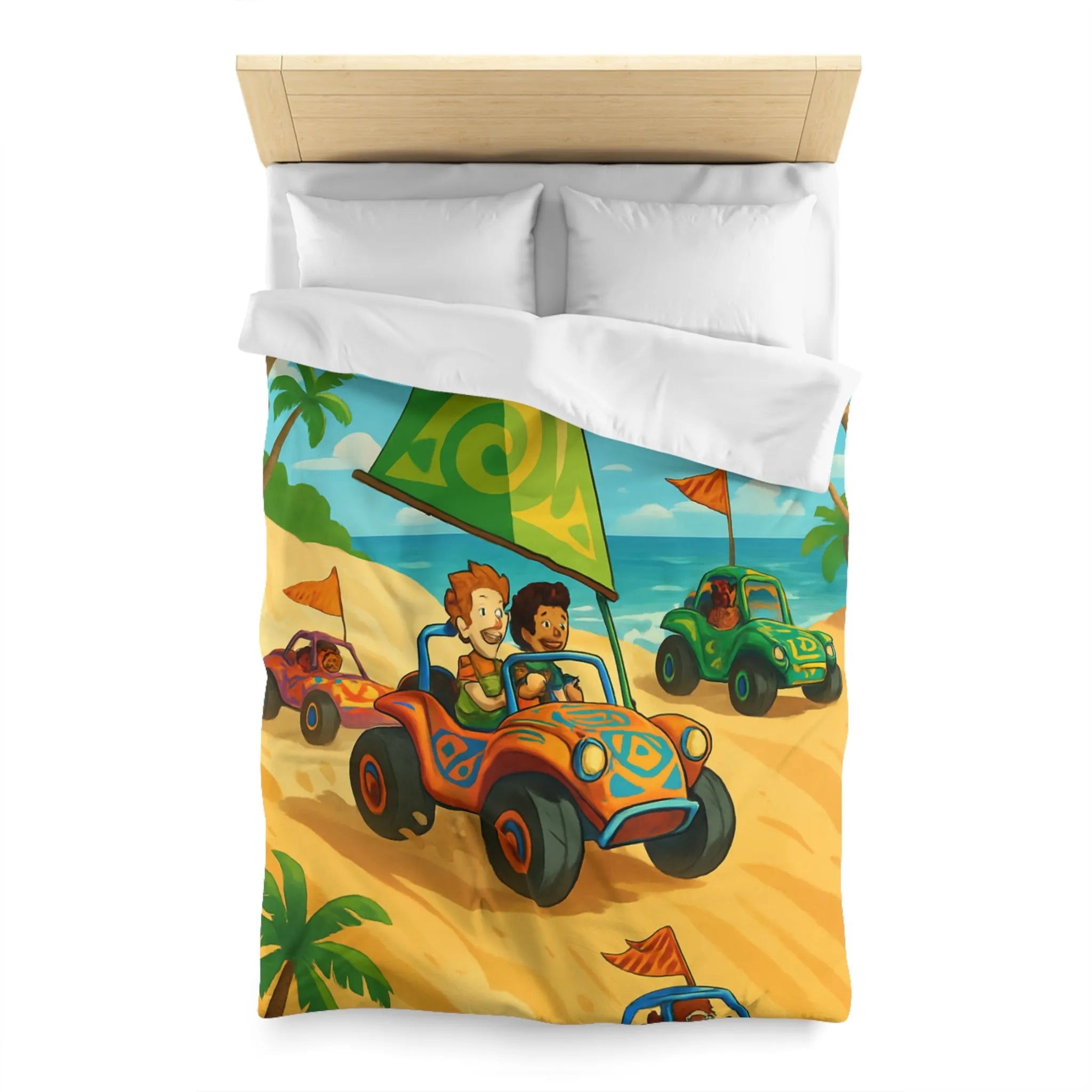 Housse de couette colorée avec motif voitures de plage et palmiers tropicaux