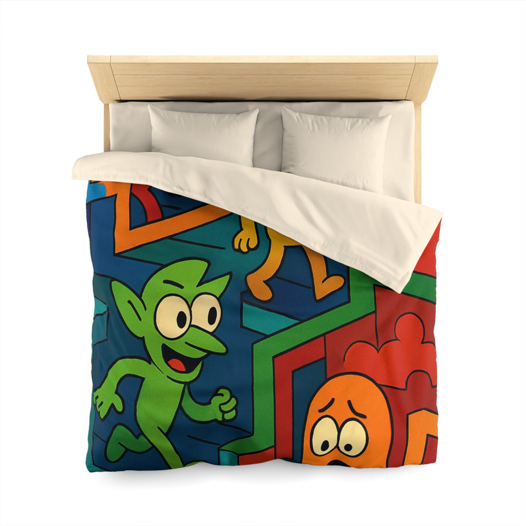 Housse de couette multicolore avec labyrinthes et personnages fantaisistes en motifs géométriques