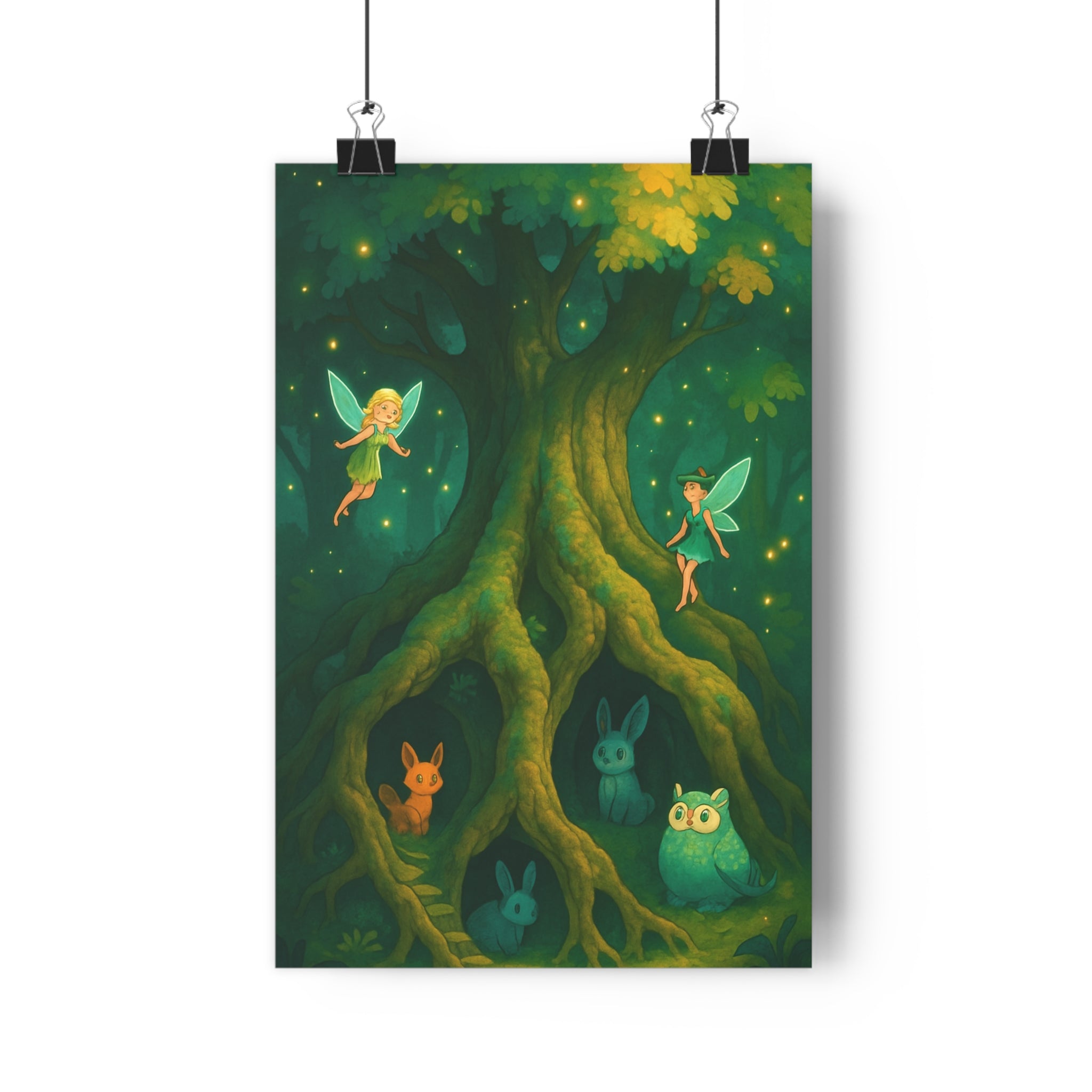Poster décoratif fantaisie forêt enchantée vert lumineux magique salon chambre enfant nature vibrant qualité