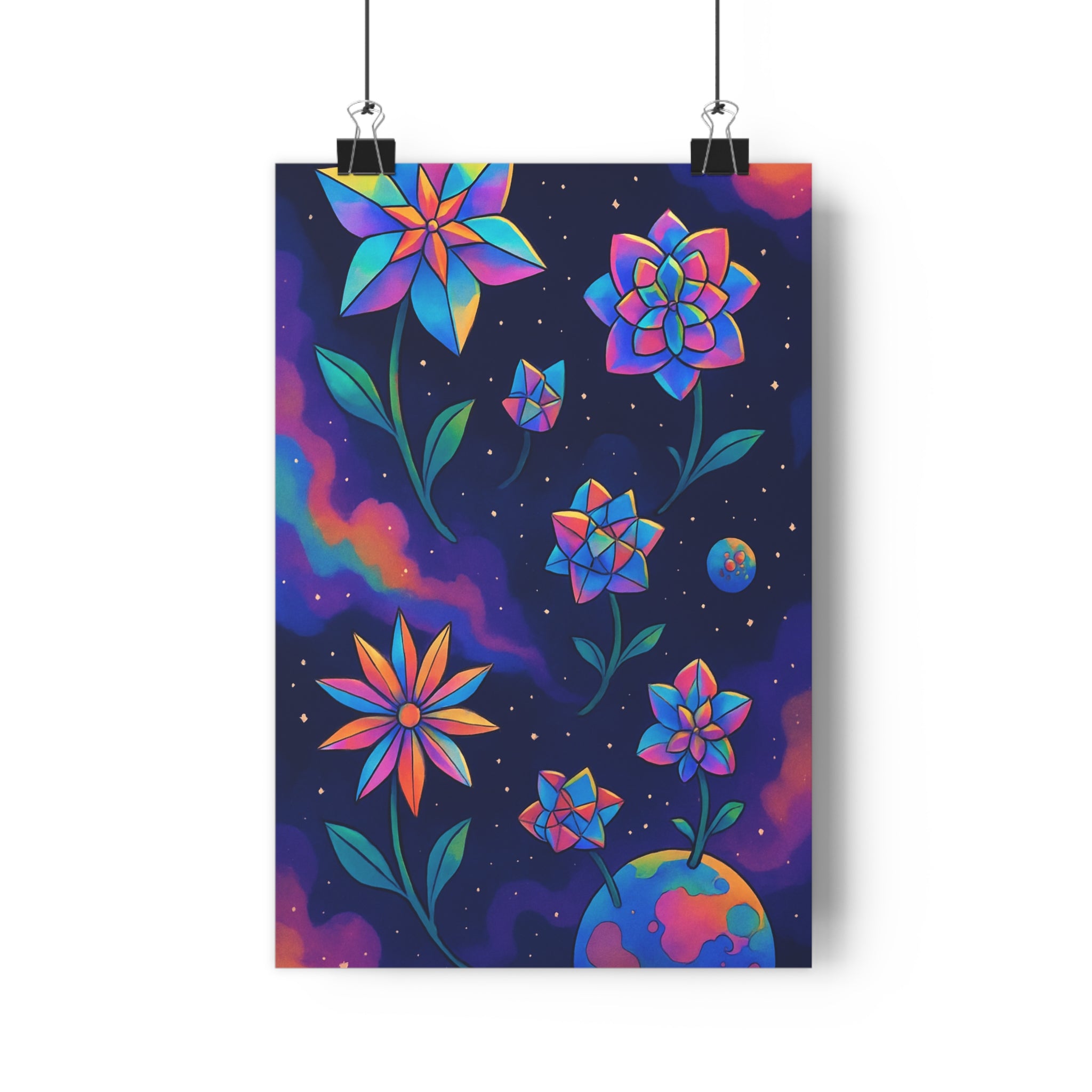 Poster décoratif fleurs univers bleu violet orange cartoon espace futuriste mystique chambre salon élégant