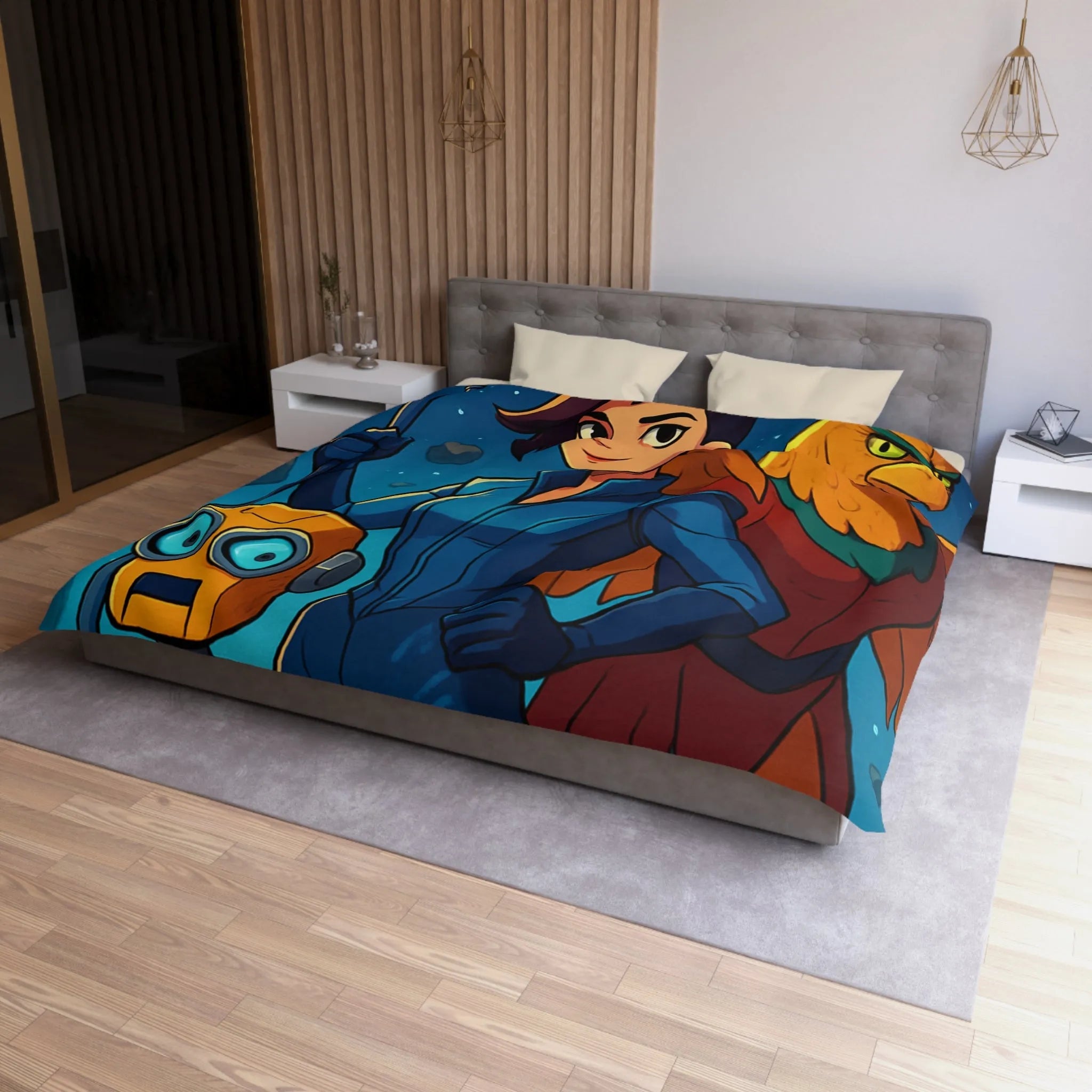 Housse de couette colorée avec exploratrice, robot et oiseau dans l'espace étoilé