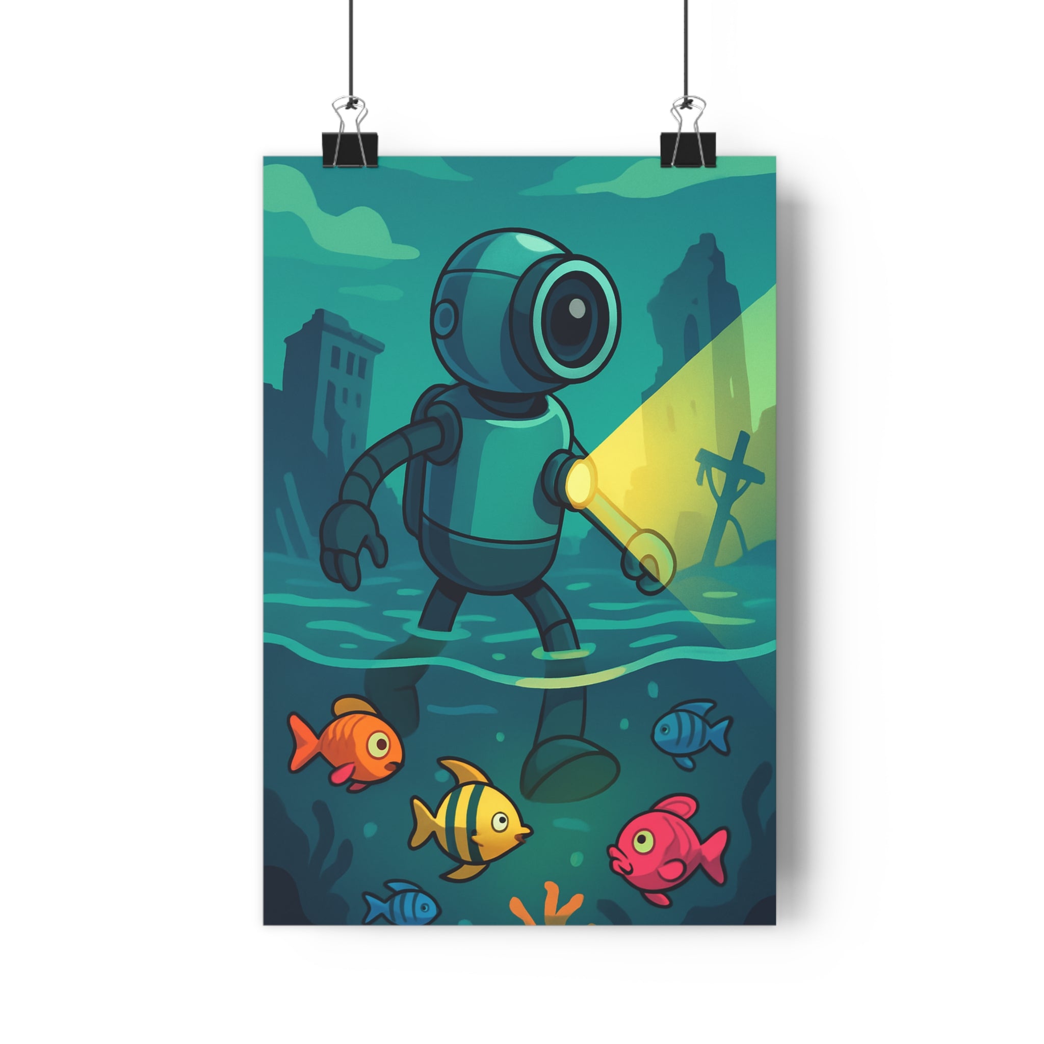 Poster décoratif dessin animé bleu jaune rouge aventure mystique bureau chambre enfant explorateur robot