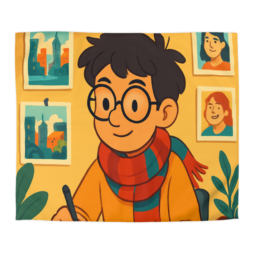 Housse de couette moderne avec illustrations colorées d'artiste travaillant dans un studio créatif