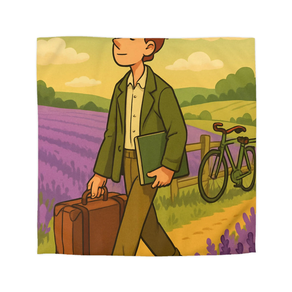 Housse de Couette Champêtre Lavande avec Jeune Homme et Vieux Vélo Vintage