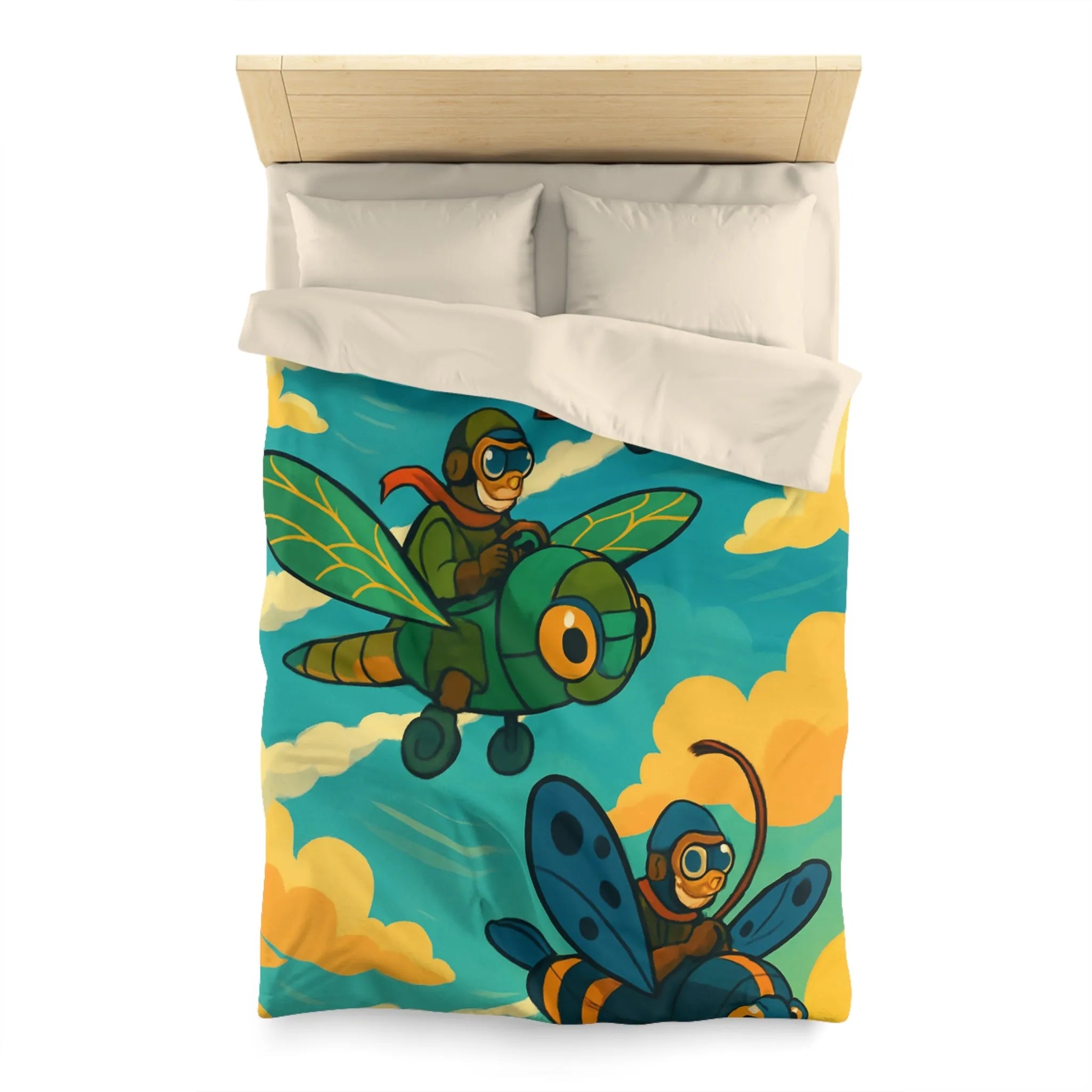 Housse de couette avec motif ludique d'avions insectes sur fond de ciel coloré